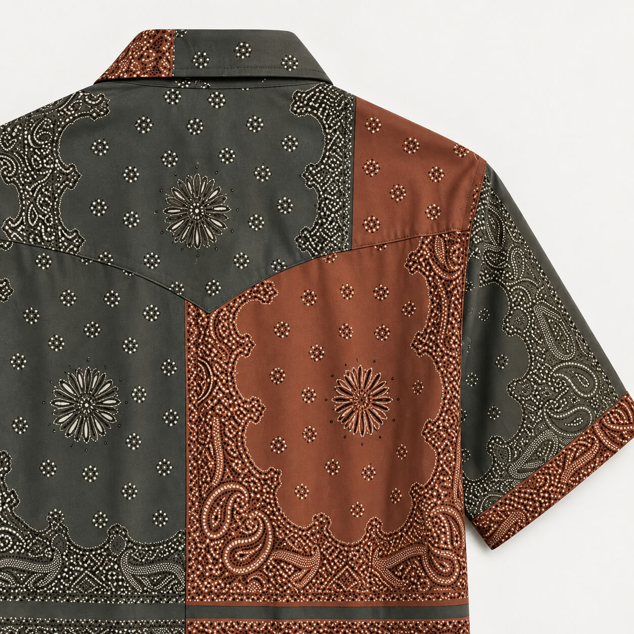 The Dust Bowl Patchwork Western Short-Sleeve Shirt — Iron Rust & Charcoal Bandana