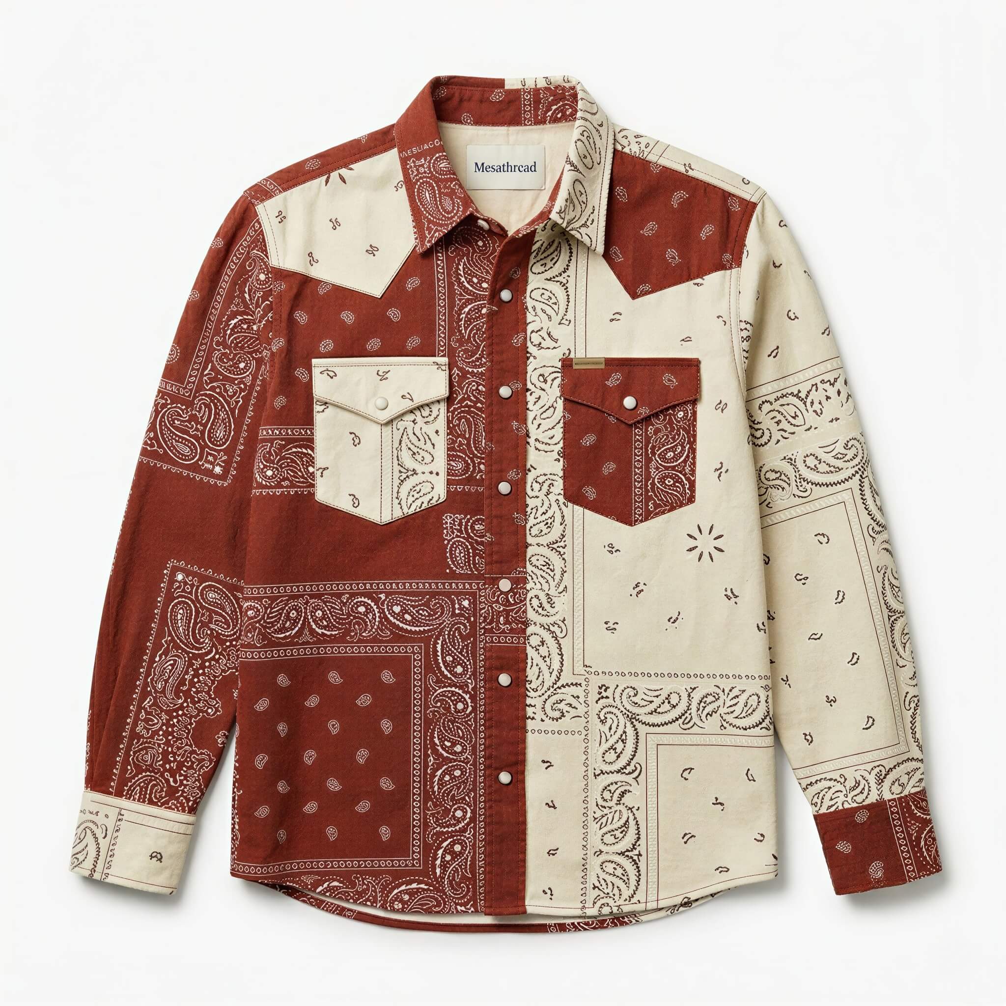 the-frontier-shift-mesathread-mens-terracotta-cream-bandana-patchwork-western-shirt-front-view