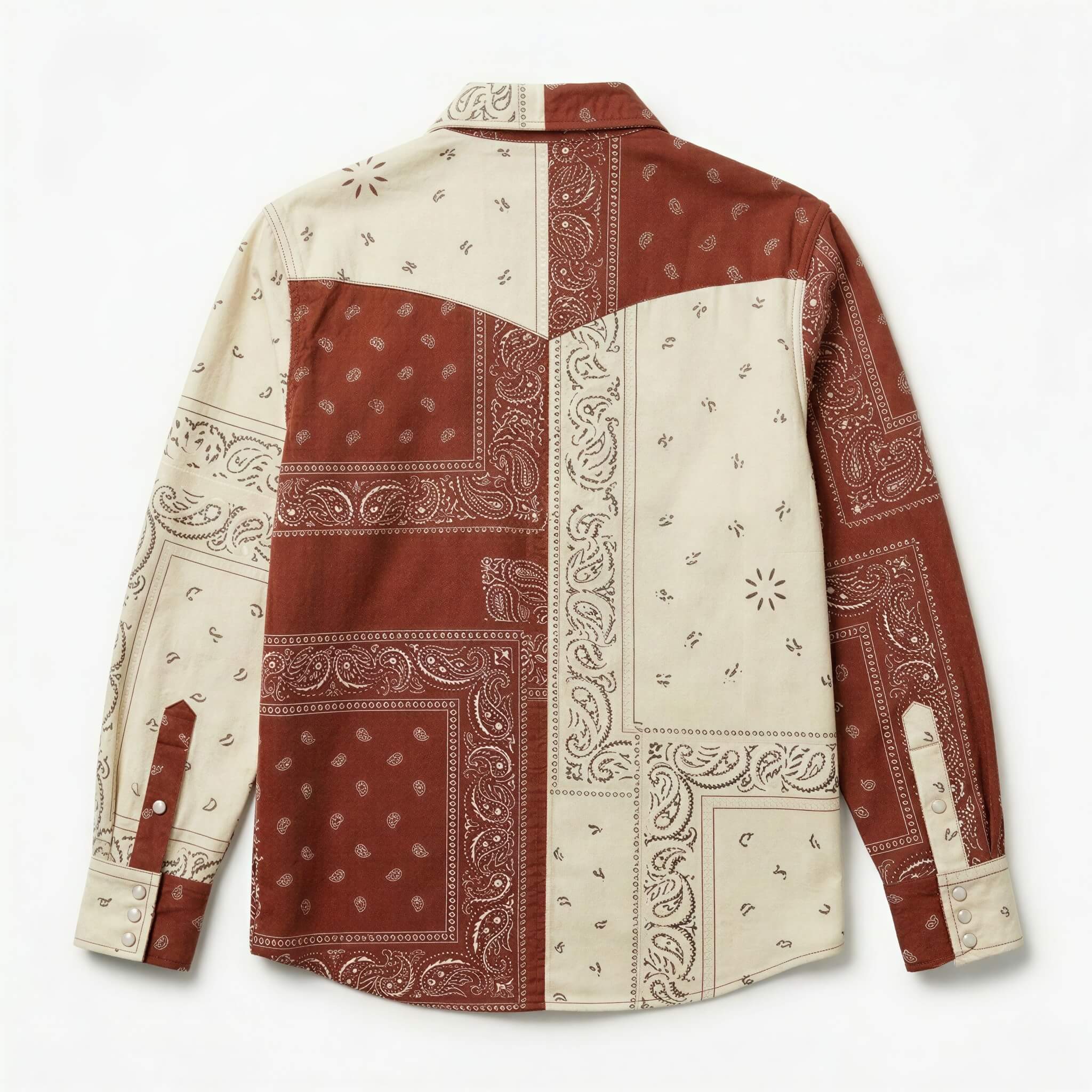 the-frontier-shift-mesathread-mens-terracotta-cream-bandana-patchwork-western-shirt-back-view