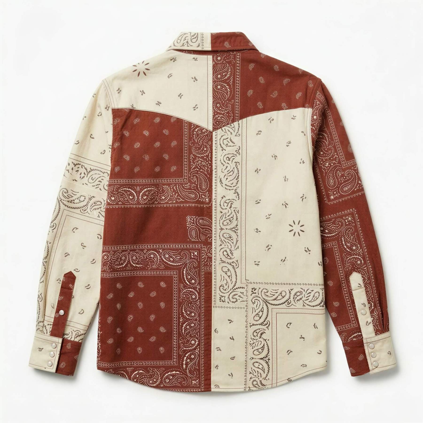 the-frontier-shift-mesathread-mens-terracotta-cream-bandana-patchwork-western-shirt-back-view