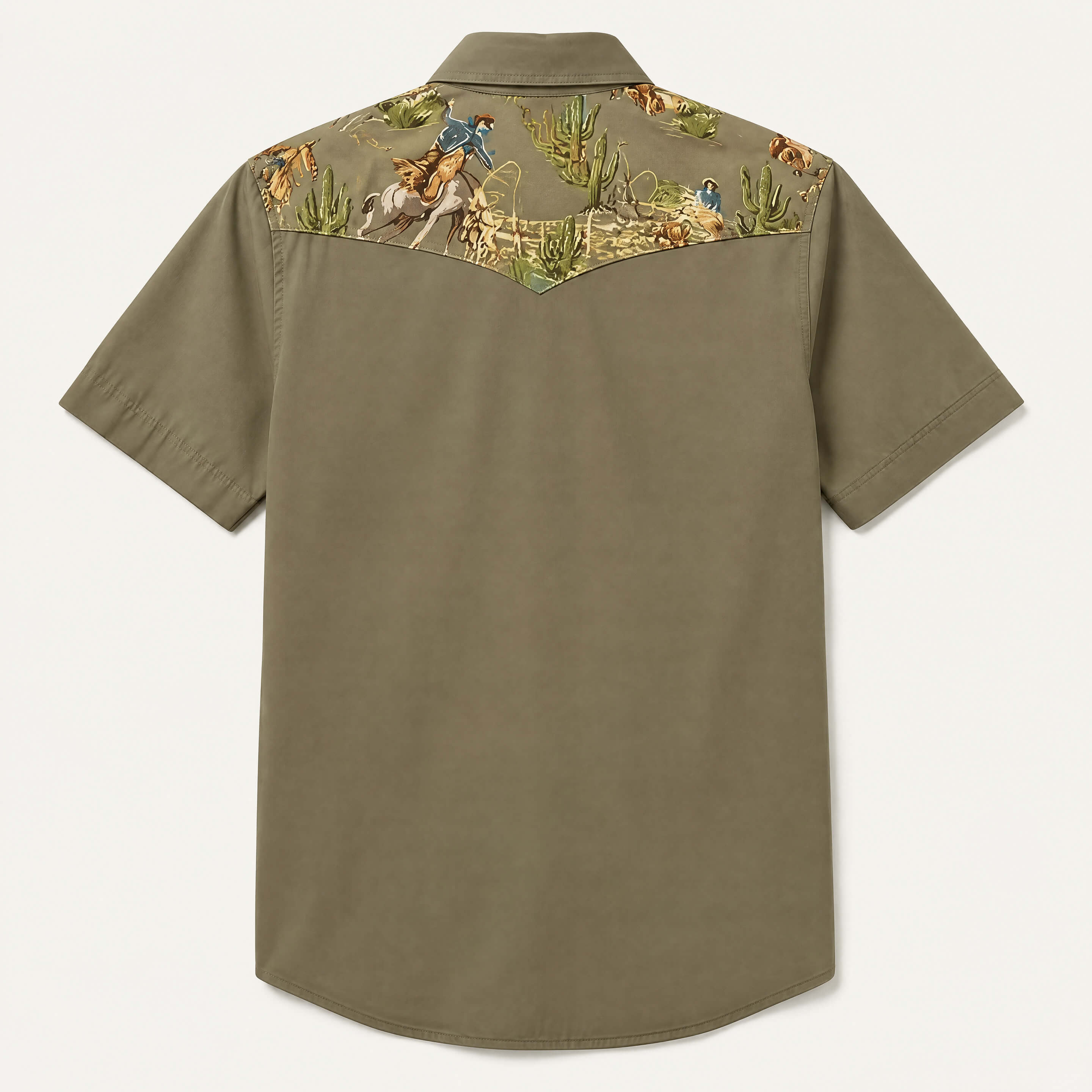 The Rodeo Rambler–Cowboy& Cactus Woven Yoke Short Sleeve Western Shirt-Olive