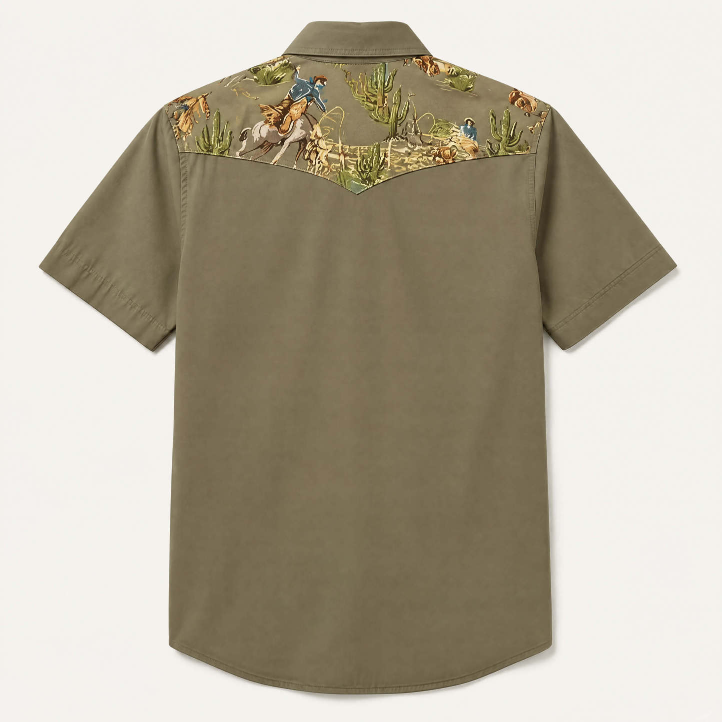 The Rodeo Rambler–Cowboy& Cactus Woven Yoke Short Sleeve Western Shirt-Olive