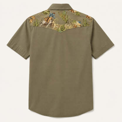 The Rodeo Rambler–Cowboy& Cactus Woven Yoke Short Sleeve Western Shirt-Olive