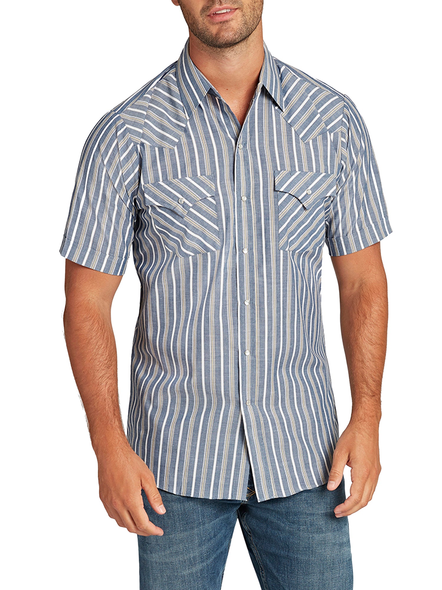 Men's  Cattleman Short Sleeve Stripe Western Snap Shirt-MesaThread