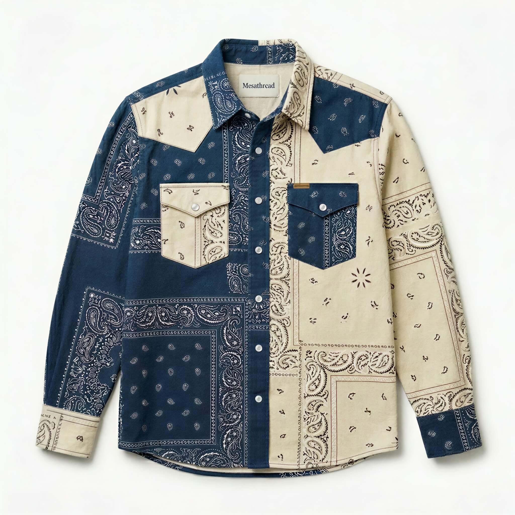 the-frontier-shift-mesathread-mens-indigo-cream-bandana-patchwork-western-shirt-front-view