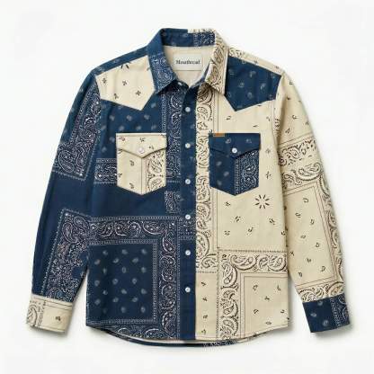 the-frontier-shift-mesathread-mens-indigo-cream-bandana-patchwork-western-shirt-front-view