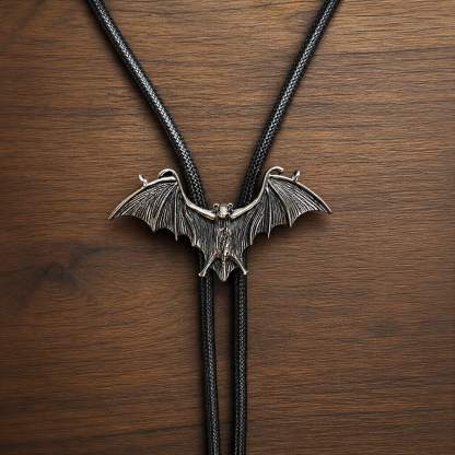 mesathread-sculpted-flying-bat-antique-silver-western-gothic-bolo-tie-black-cord-front-view