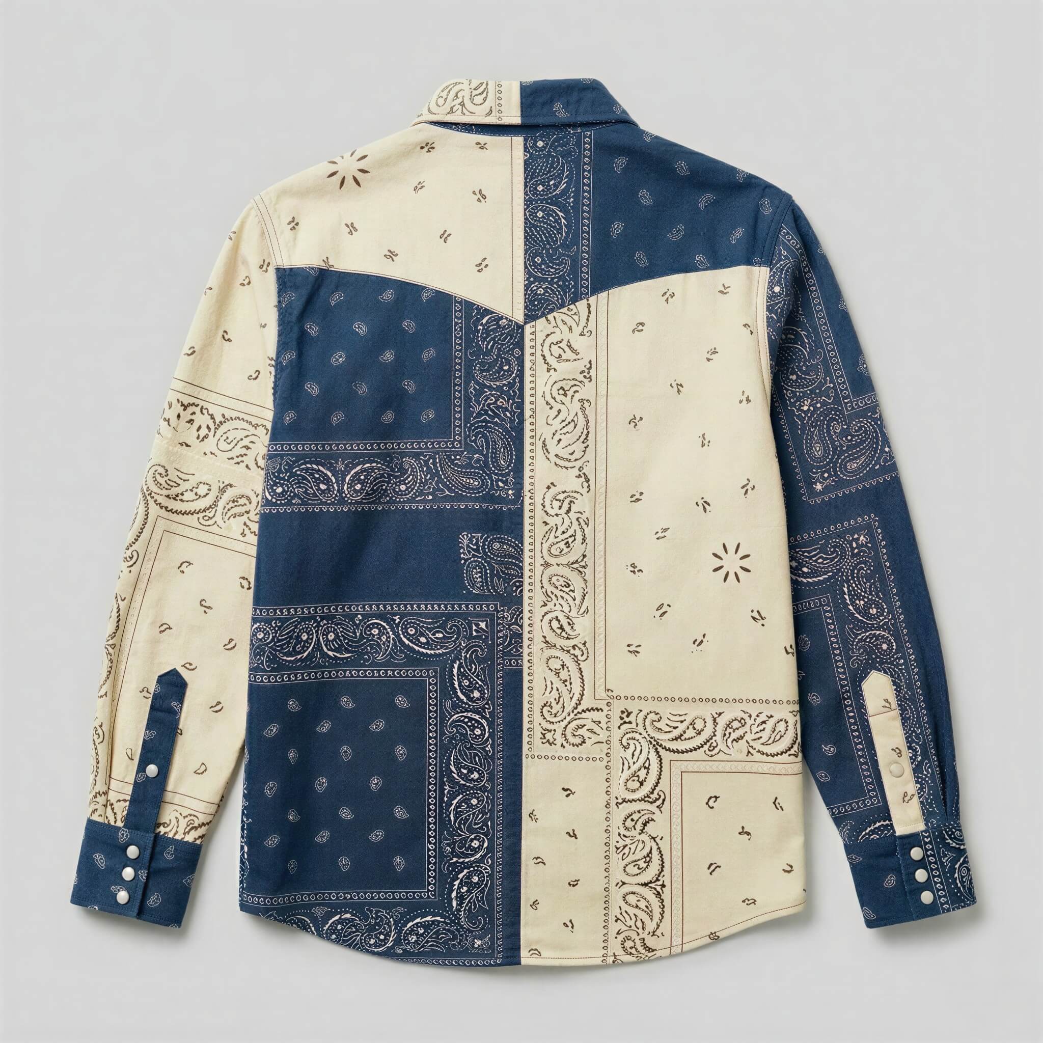 the-frontier-shift-mesathread-mens-indigo-cream-bandana-patchwork-western-shirt-back-view