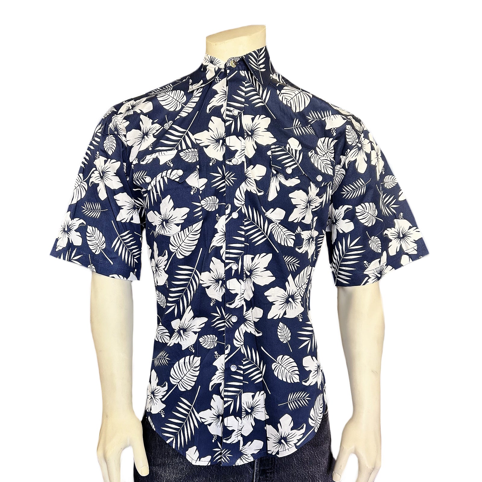 Men's Short Sleeve Denim Floral Print Western Shirt-MesaThread