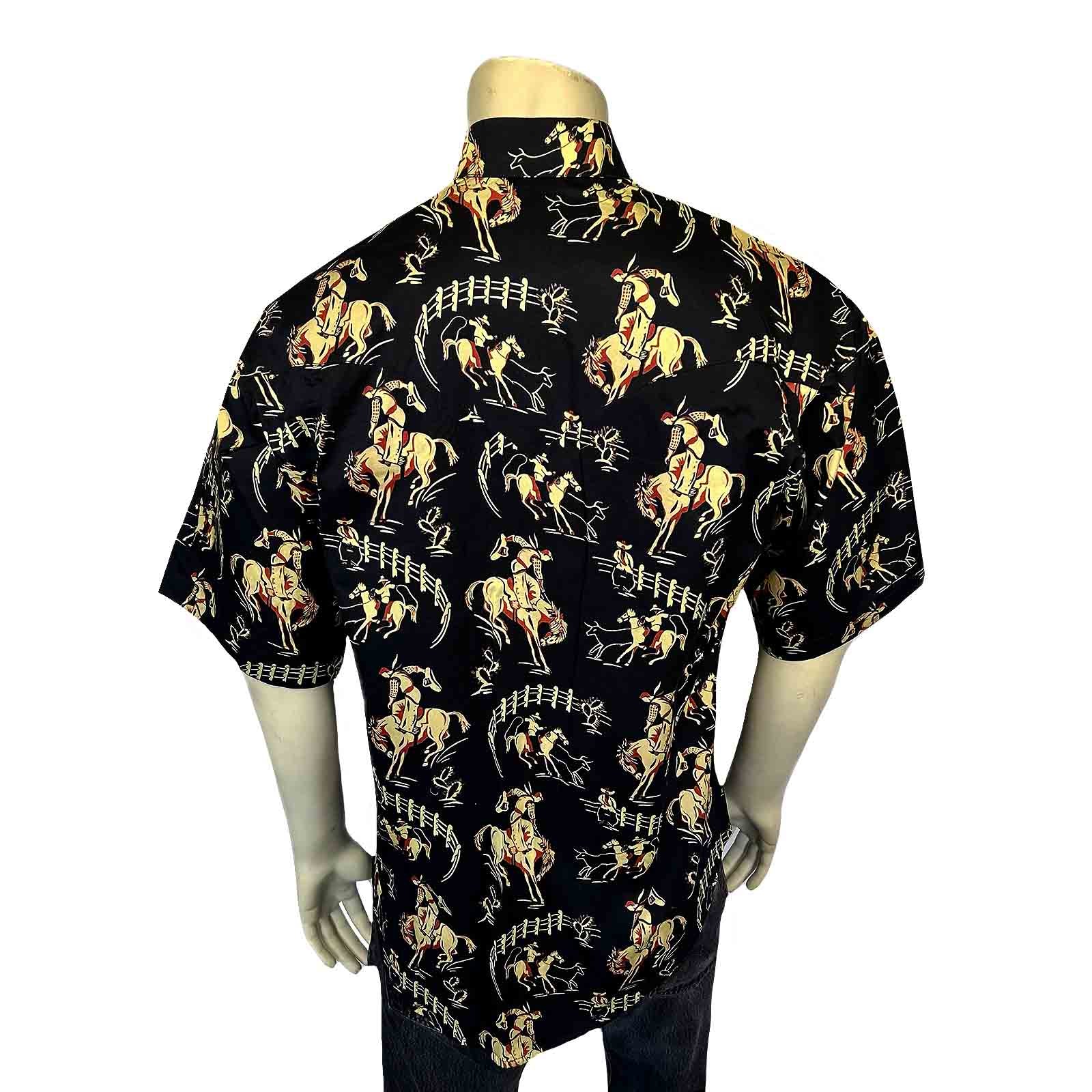 Men's Vintage Black Short Sleeve Bronc Print Western Shirt-MesaThread