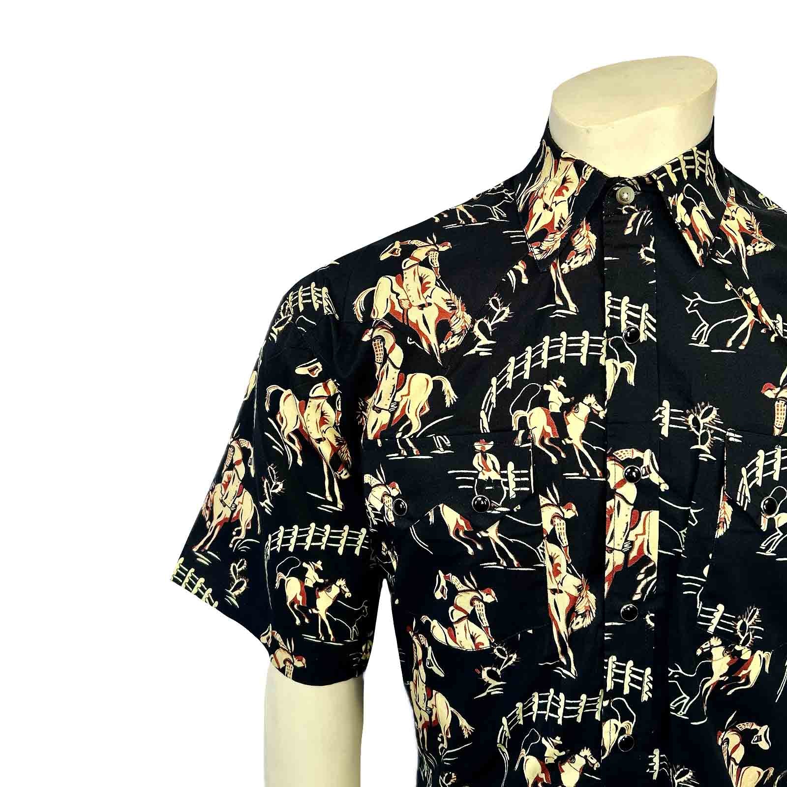 Men's Vintage Black Short Sleeve Bronc Print Western Shirt-MesaThread