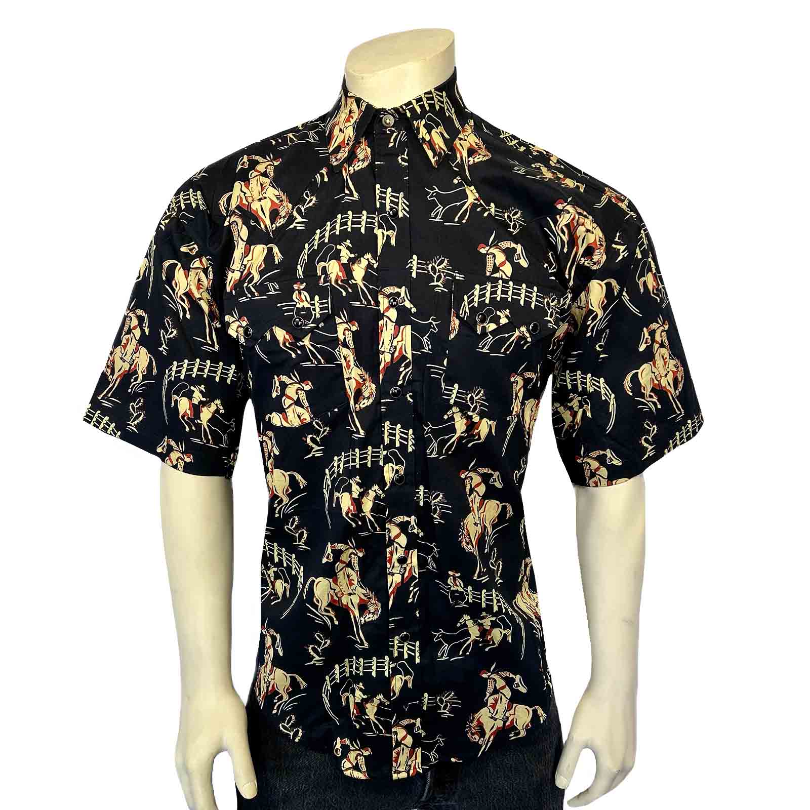 Men's Vintage Black Short Sleeve Bronc Print Western Shirt-MesaThread