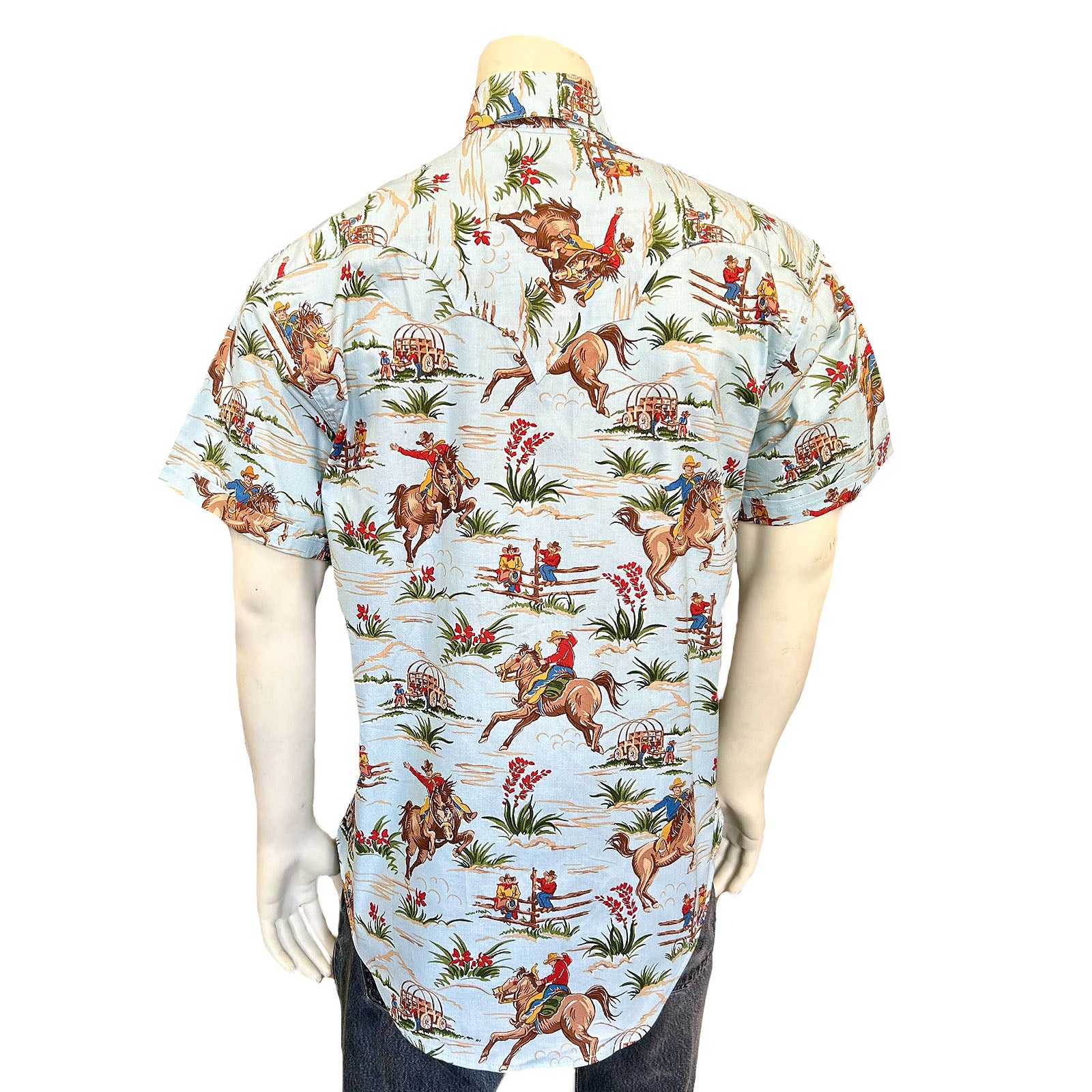 Men’s Vintage Western Print Light Blue Short Sleeve Shirt-MesaThread