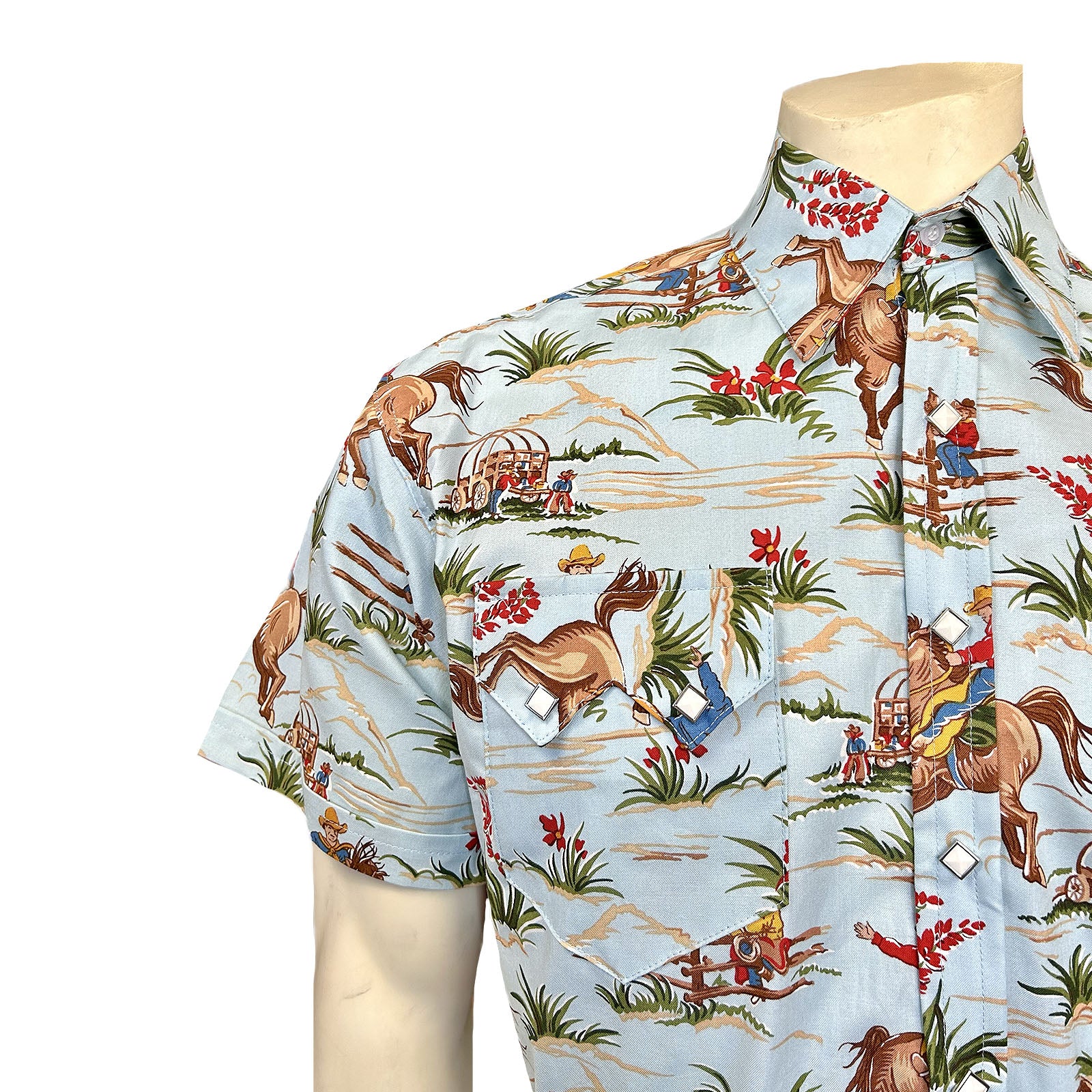 Men’s Vintage Western Print Light Blue Short Sleeve Shirt-MesaThread