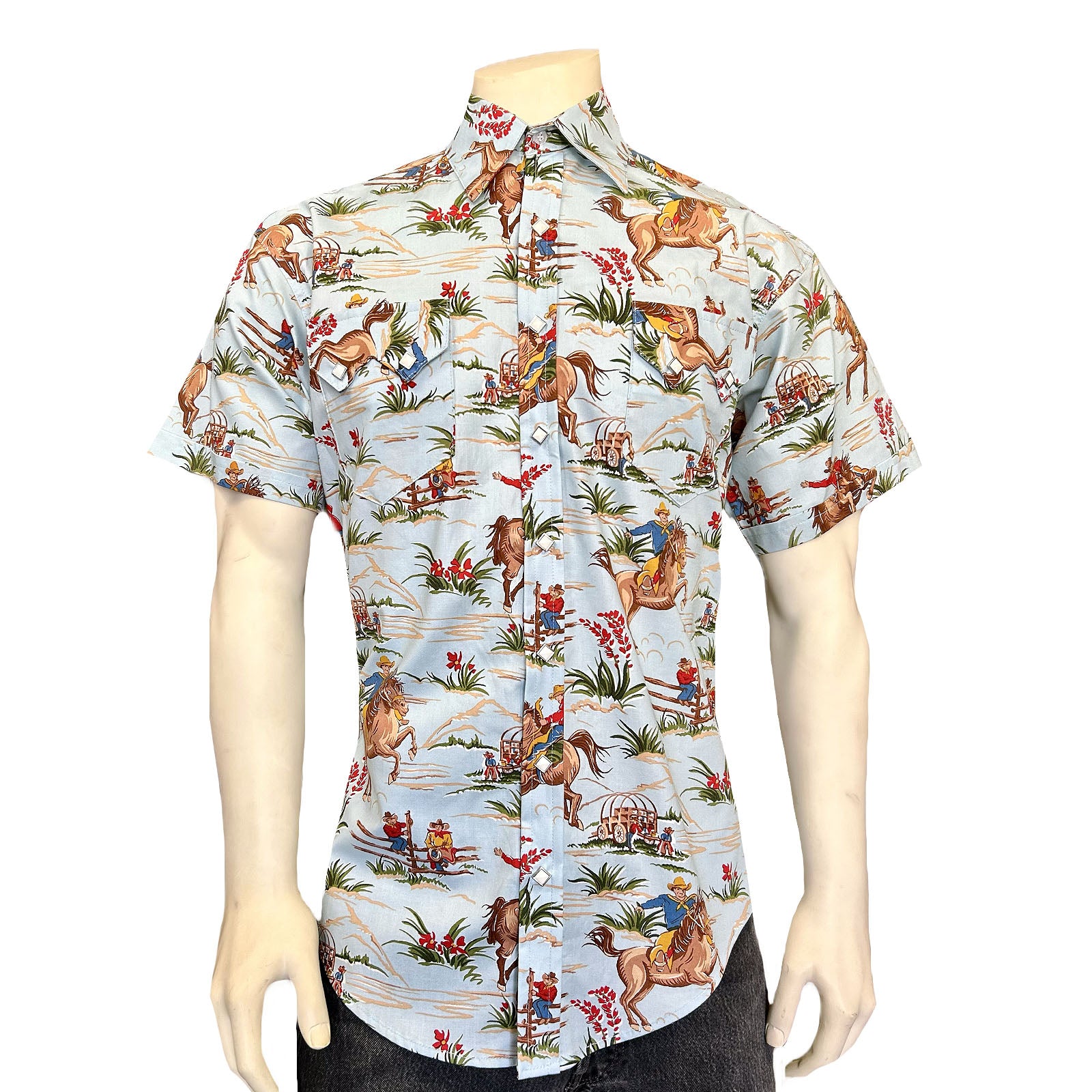 Men’s Vintage Western Print Light Blue Short Sleeve Shirt-MesaThread