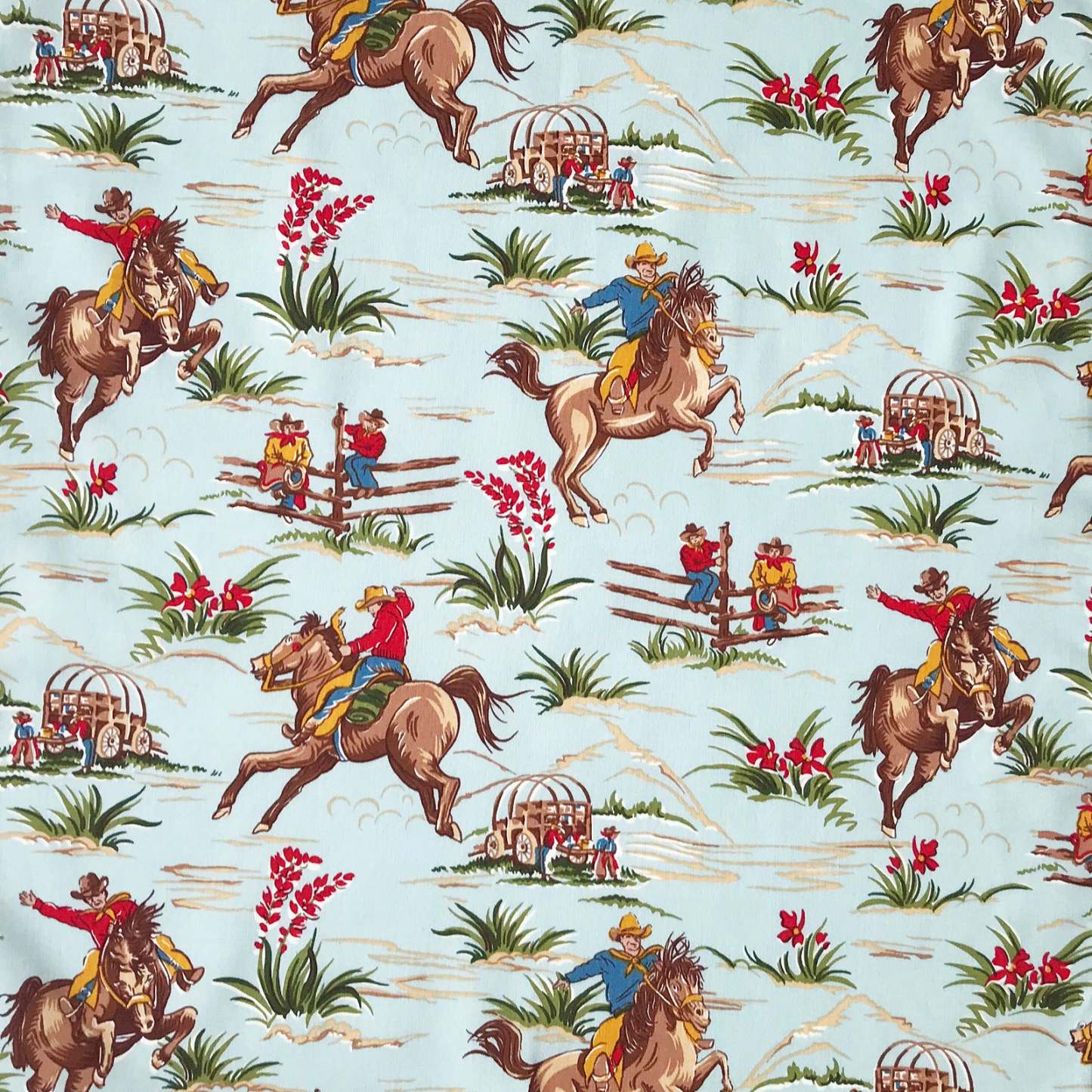 Men’s Vintage Western Print Light Blue Short Sleeve Shirt-MesaThread