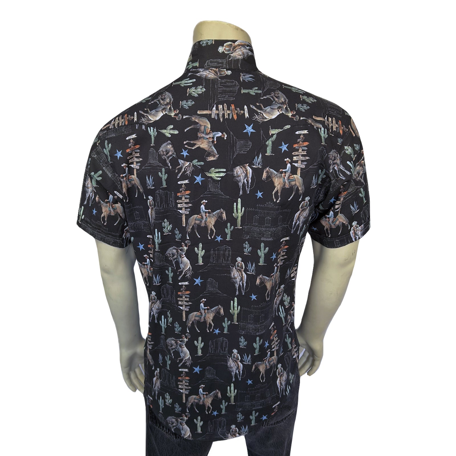 Men’s Black Cactus & Cowboys Print Short Sleeve Western Shirt-MesaThread