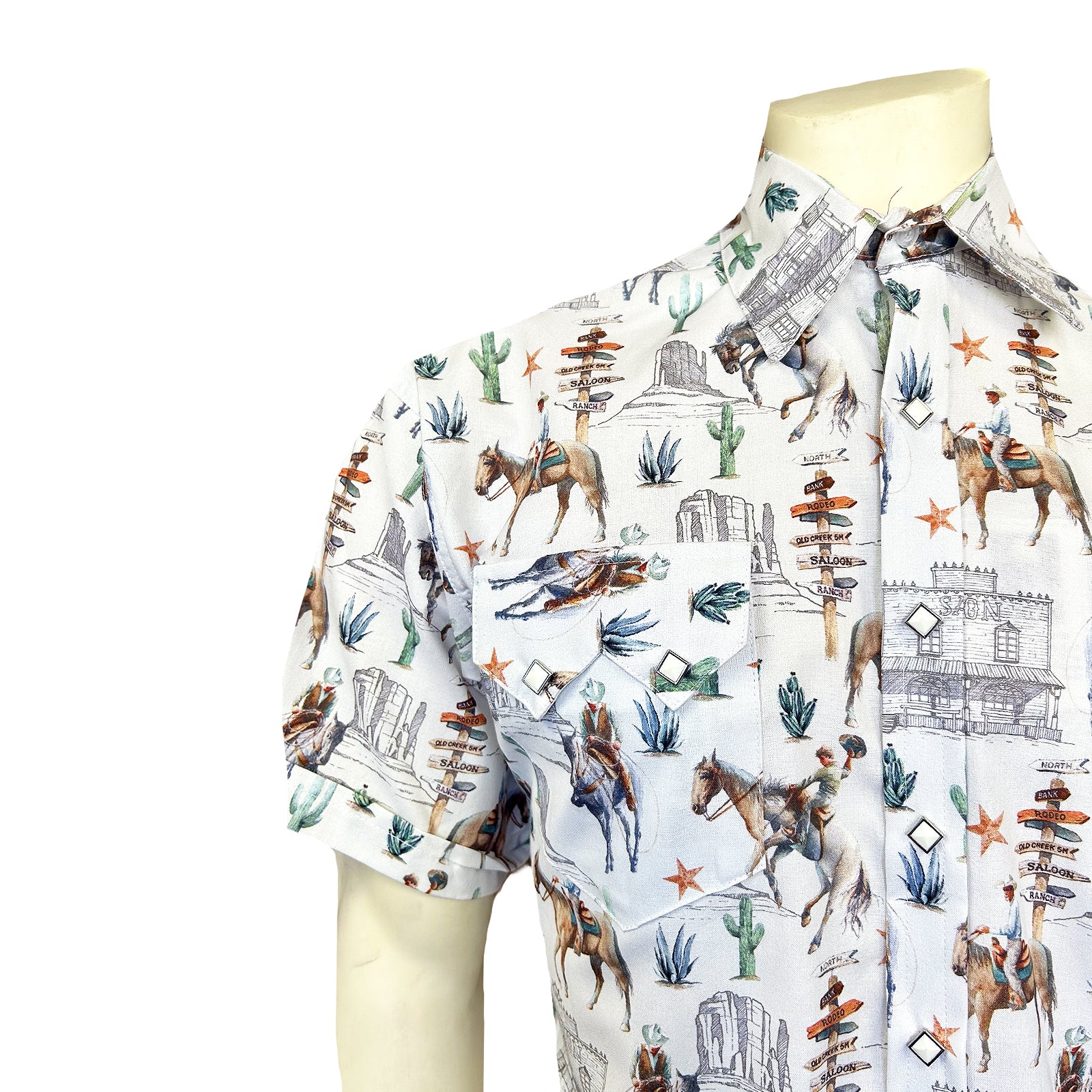 Men’s White Cactus & Cowboys Print Short Sleeve Western Shirt-MesaThread
