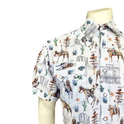 Men’s White Cactus & Cowboys Print Short Sleeve Western Shirt-MesaThread