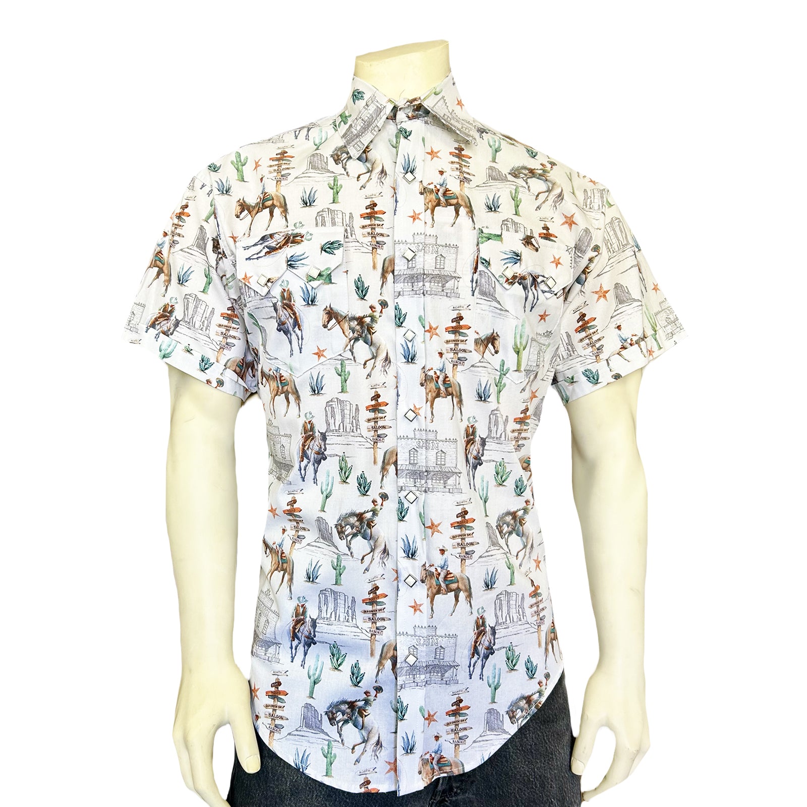 Men’s White Cactus & Cowboys Print Short Sleeve Western Shirt-MesaThread