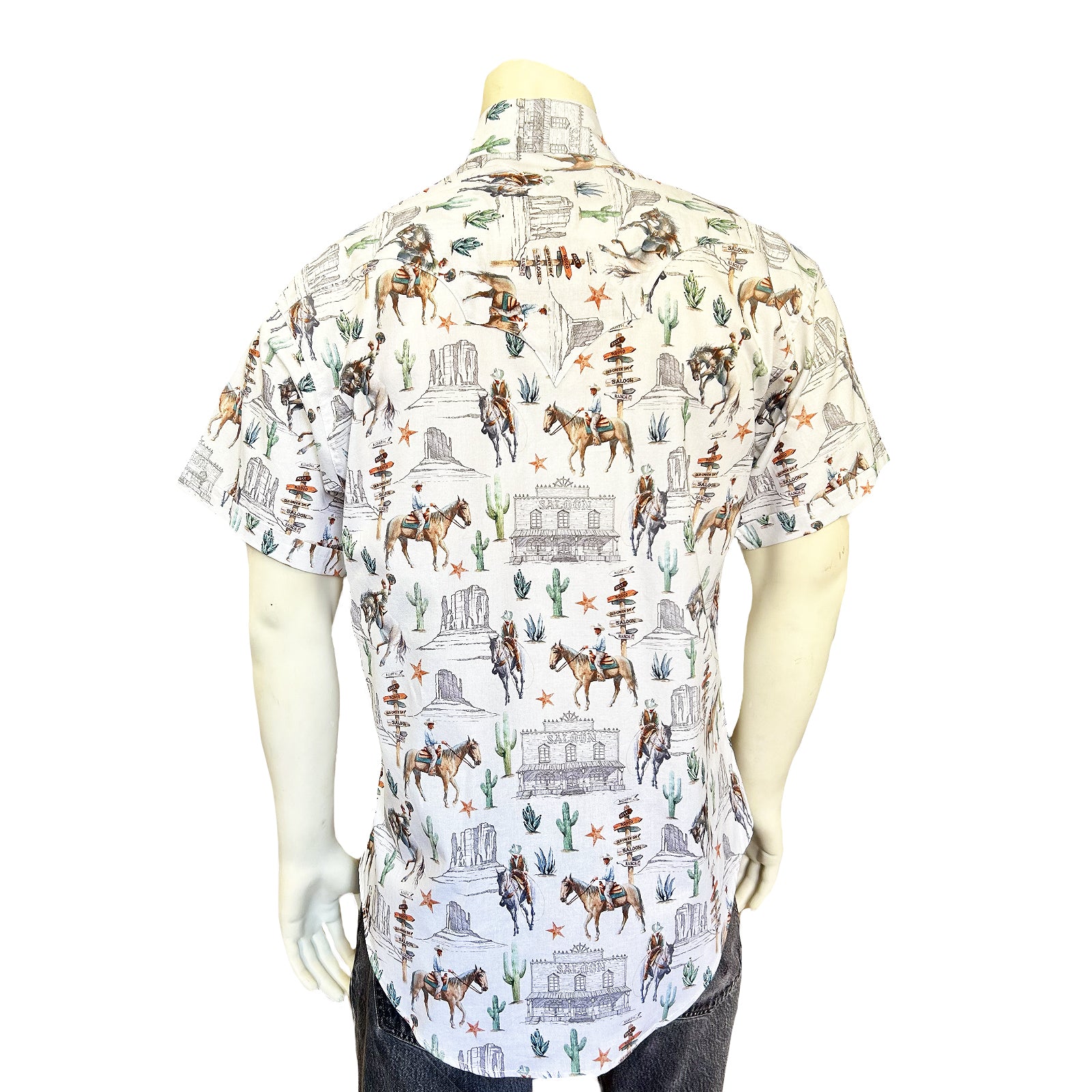 Men’s White Cactus & Cowboys Print Short Sleeve Western Shirt-MesaThread