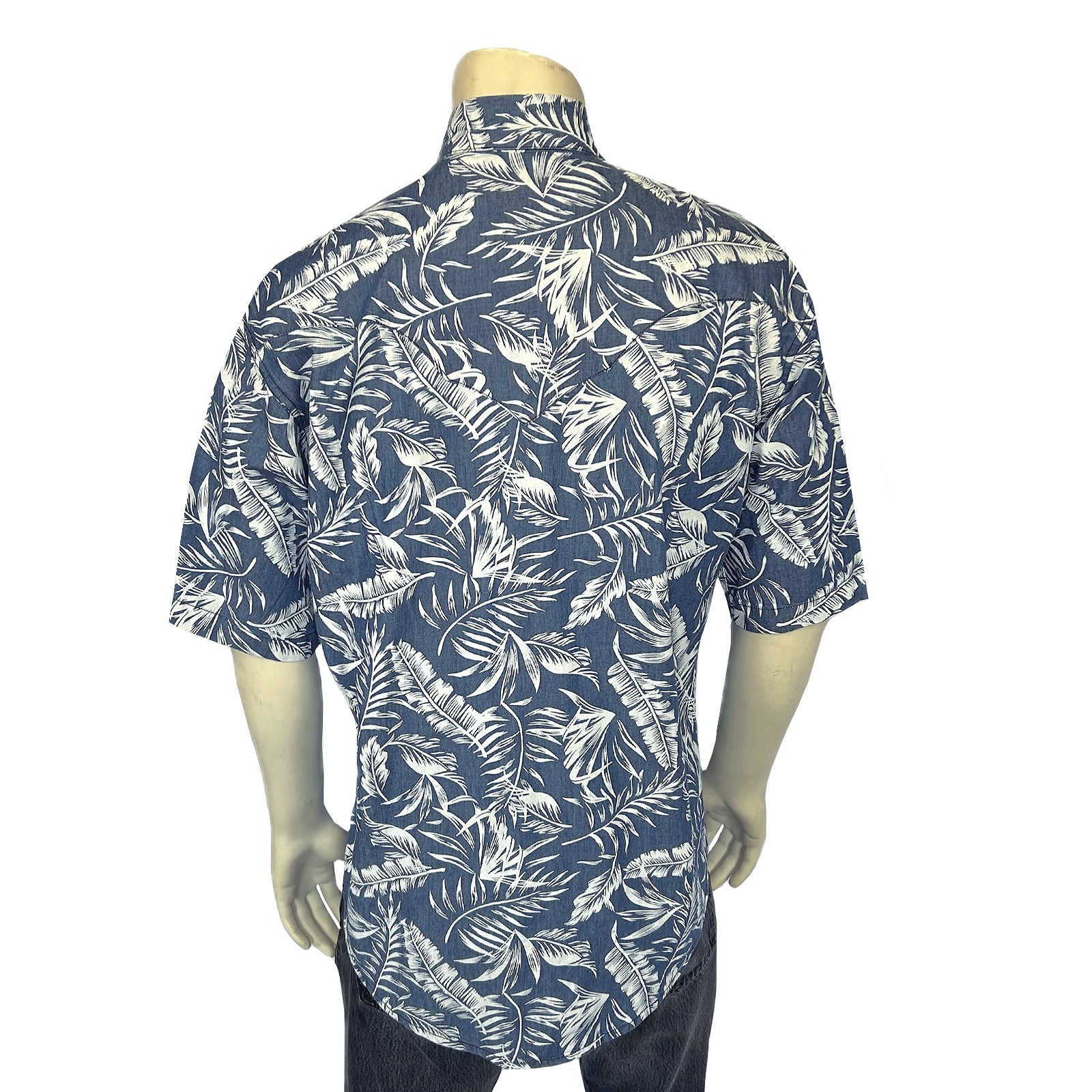 Men's Blue Chambray Floral Print Short Sleeve Western Shirt-MesaThread
