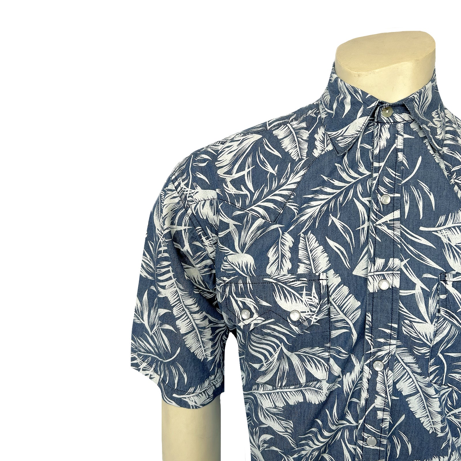 Men's Blue Chambray Floral Print Short Sleeve Western Shirt-MesaThread