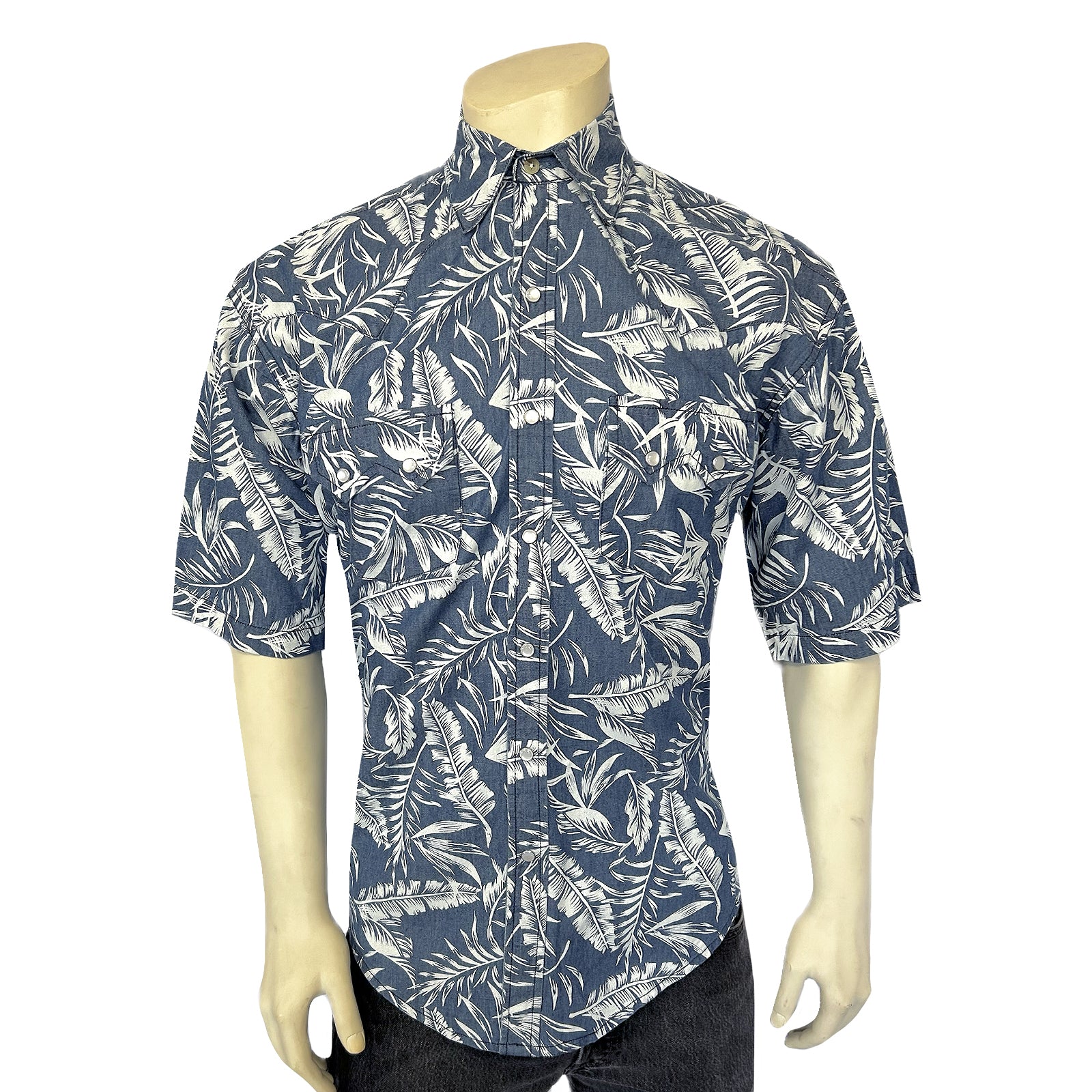 Men's Blue Chambray Floral Print Short Sleeve Western Shirt-MesaThread