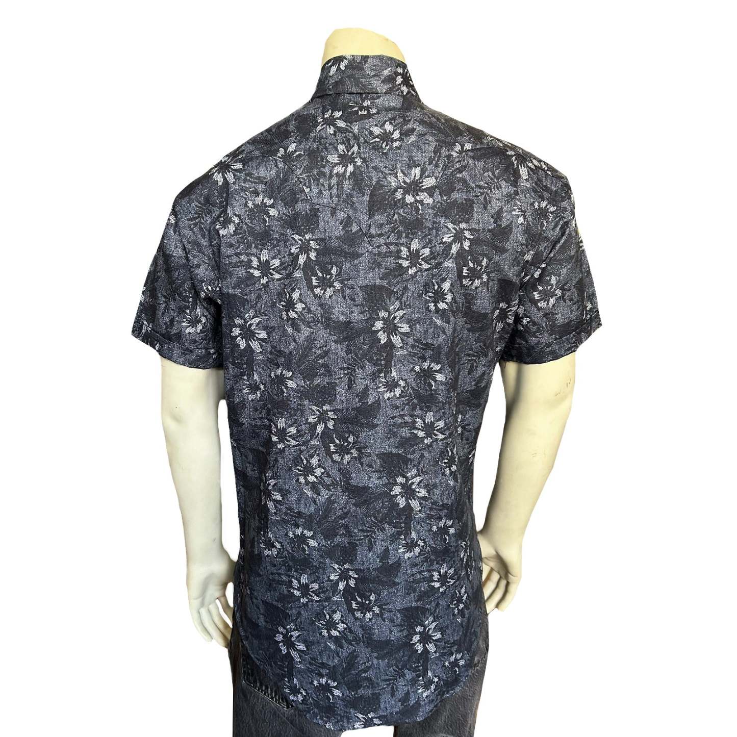 Men’s Black Floral Print Short Sleeve Western Shirt-MesaThread