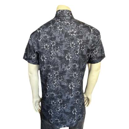 Men’s Black Floral Print Short Sleeve Western Shirt-MesaThread