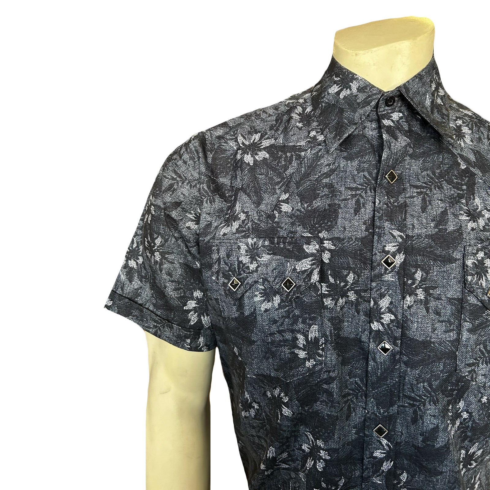 Men’s Black Floral Print Short Sleeve Western Shirt-MesaThread
