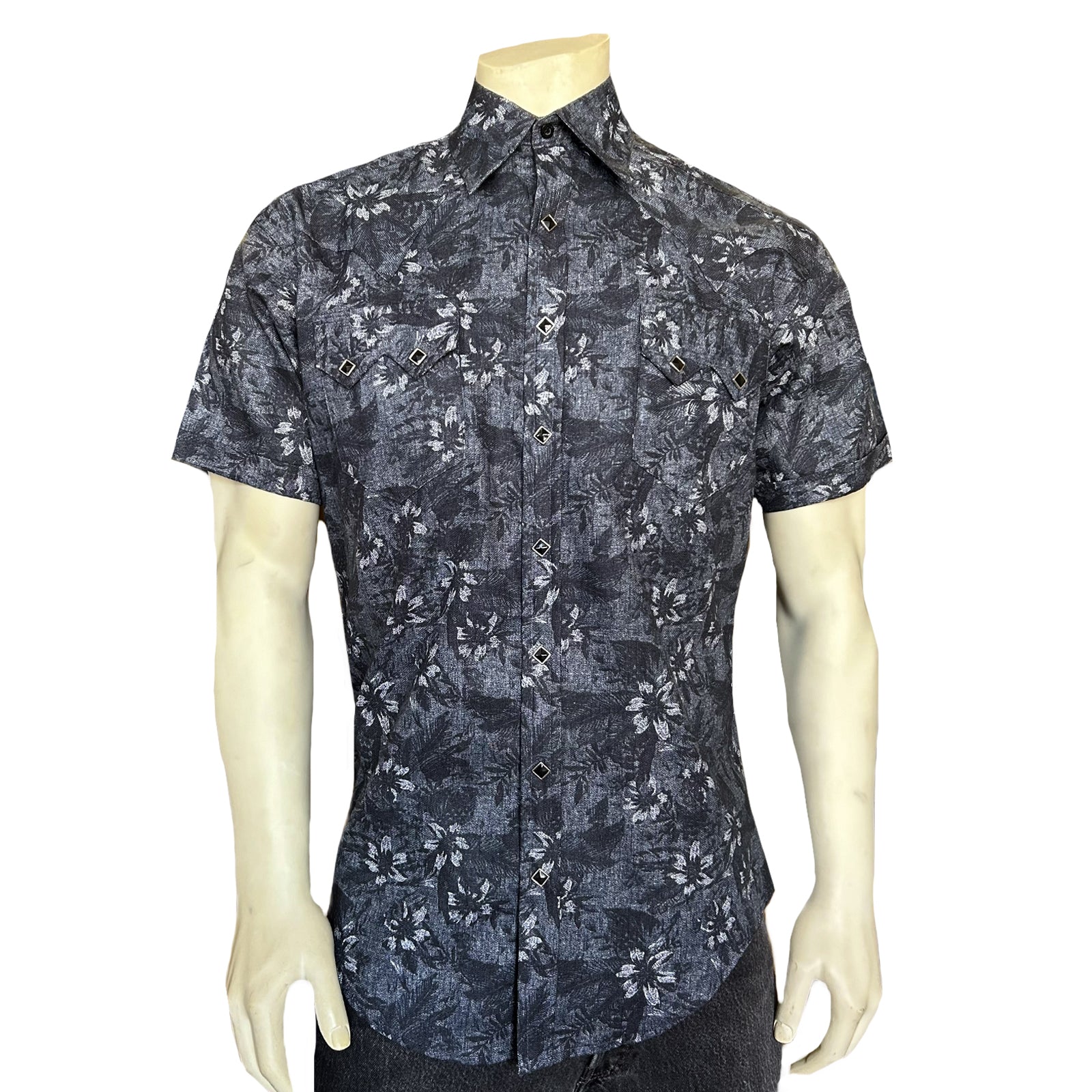 Men’s Black Floral Print Short Sleeve Western Shirt-MesaThread