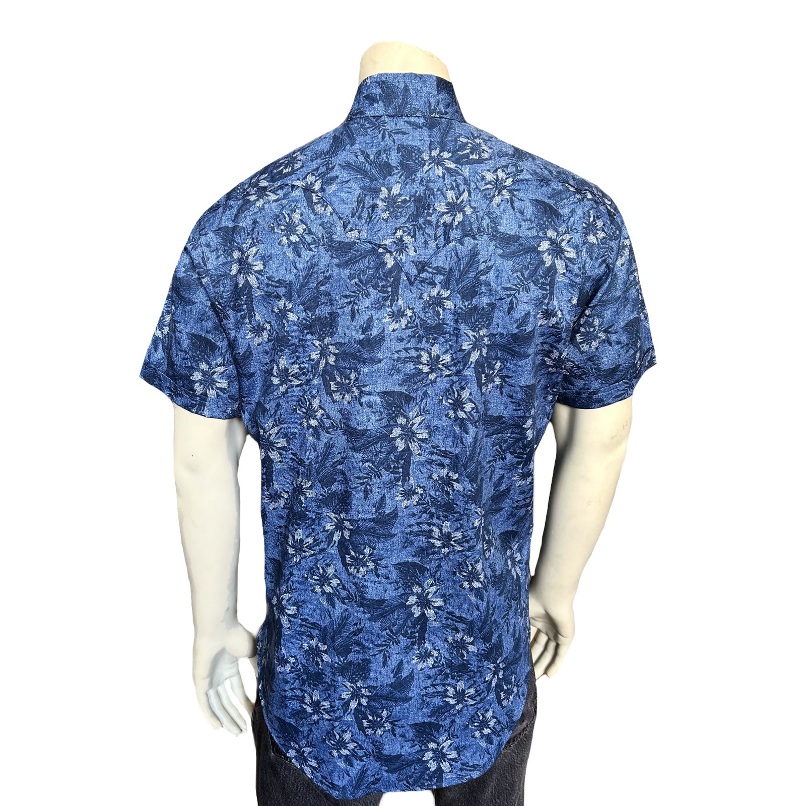 Men’s Blue Floral Print Short Sleeve Western Shirt-MesaThread