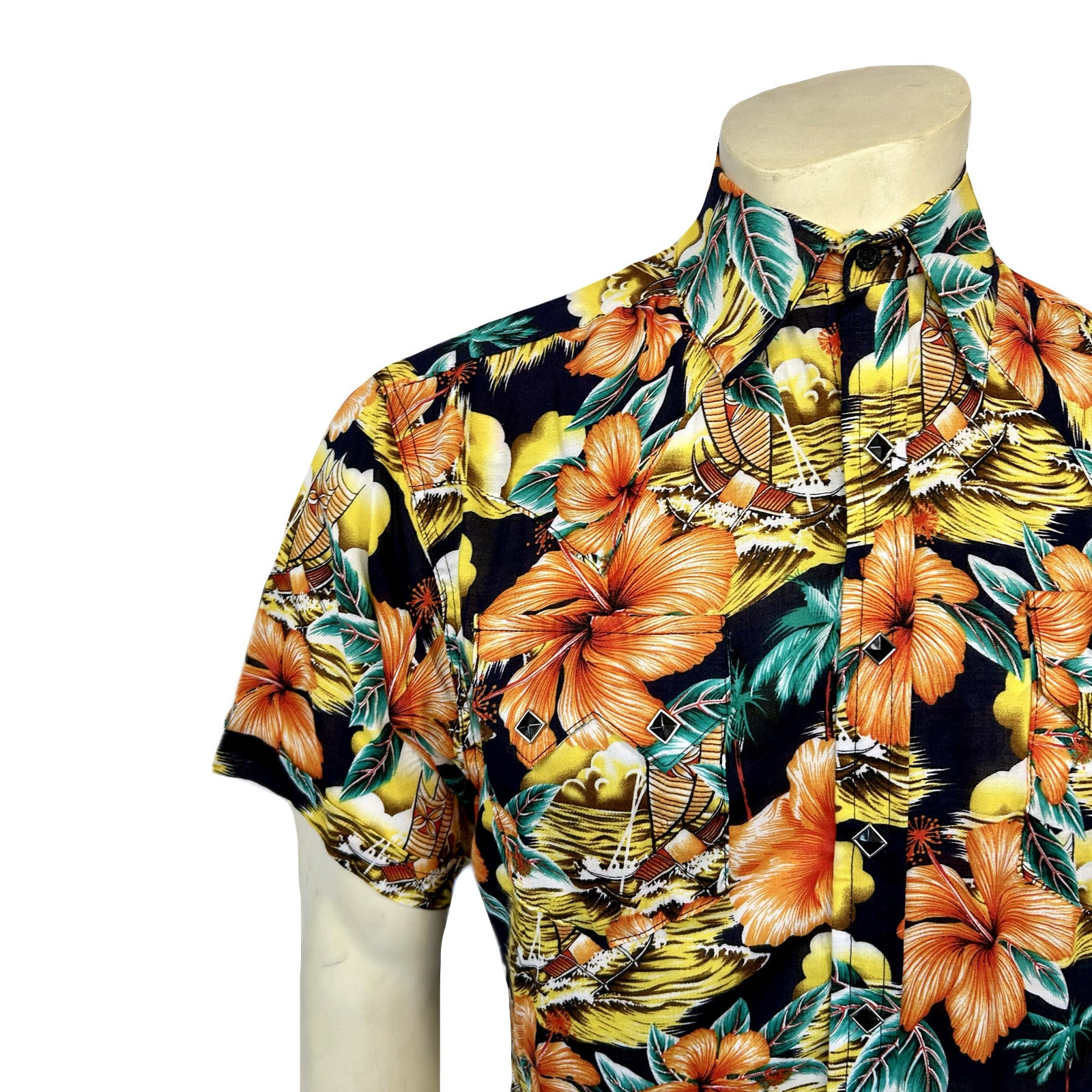 Men’s Short Sleeve Hawaiian Print Western Shirt in Orange-MesaThread