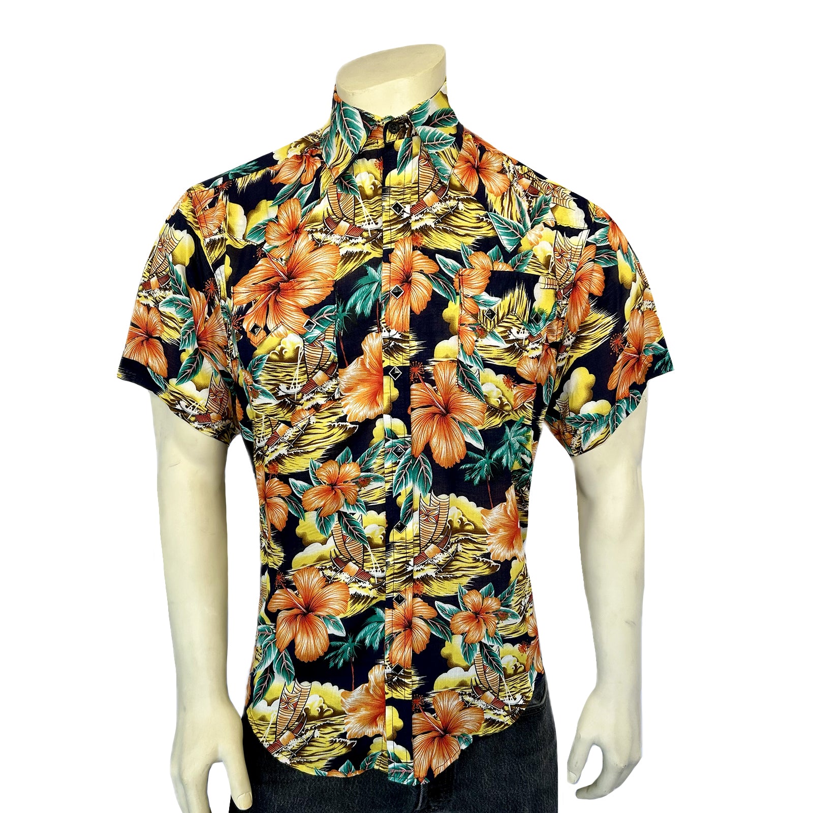 Men’s Short Sleeve Hawaiian Print Western Shirt in Orange-MesaThread