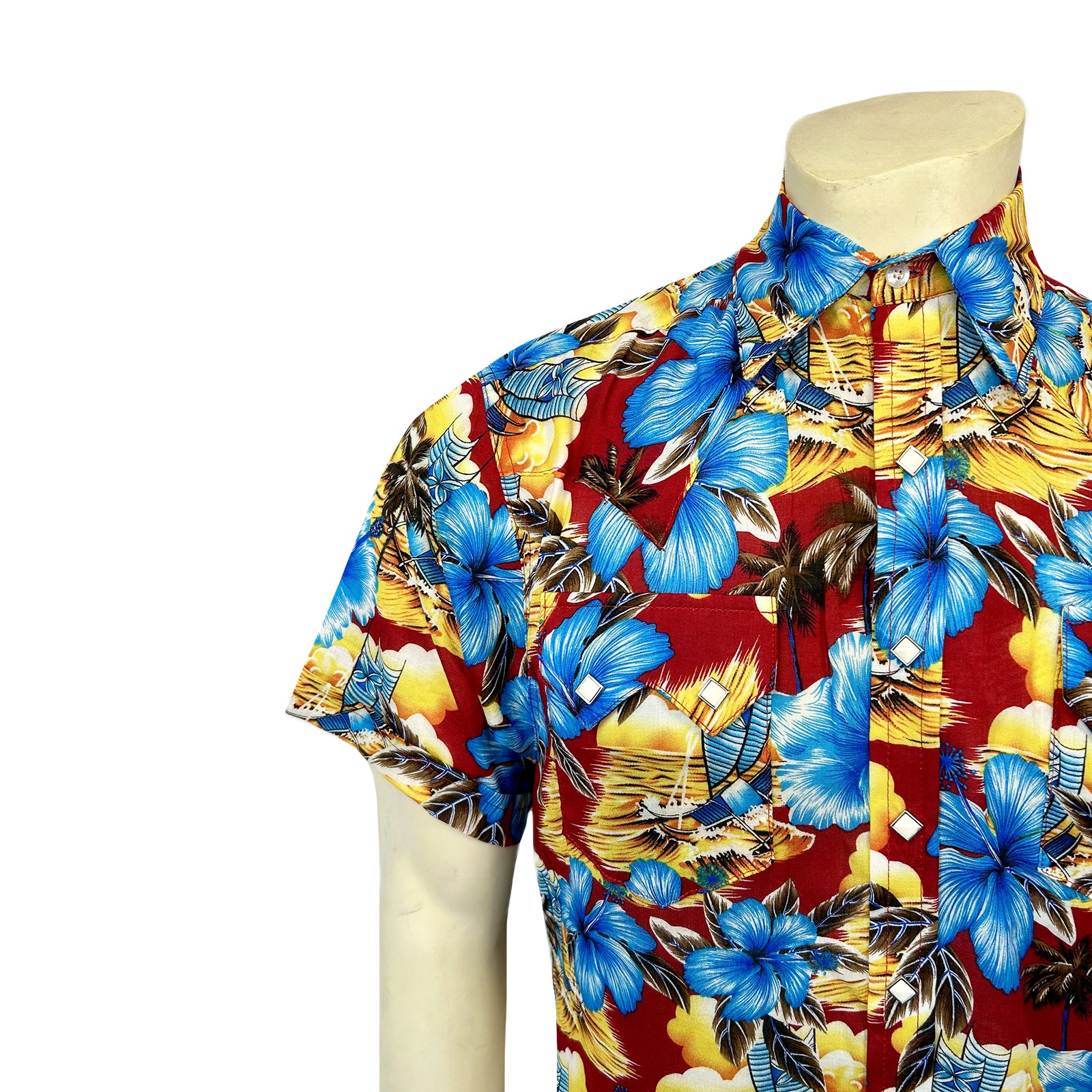 Men’s Short Sleeve Hawaiian Print Western Shirt in Red-MesaThread