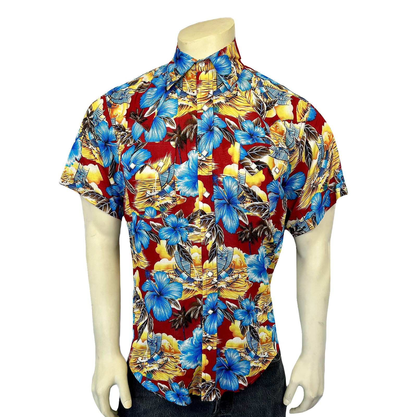 Men’s Short Sleeve Hawaiian Print Western Shirt in Red-MesaThread
