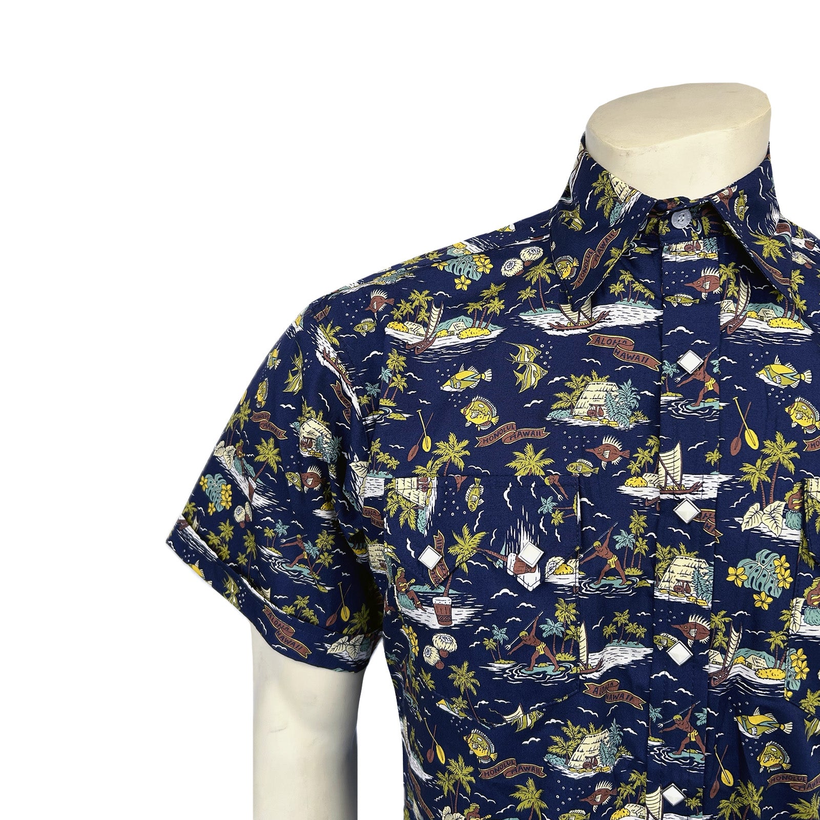 Men’s Short Sleeve Hawaiian Print Western Shirt in Blue-MesaThread