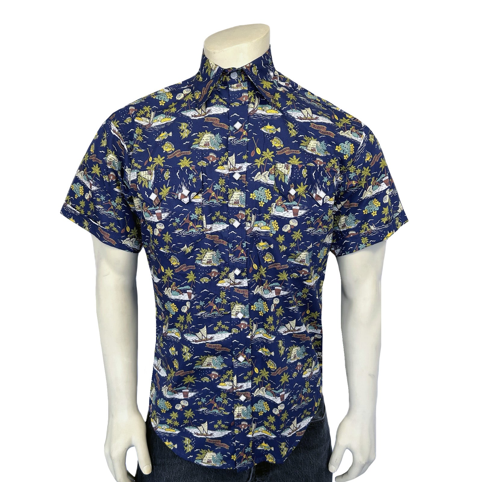Men’s Short Sleeve Hawaiian Print Western Shirt in Blue-MesaThread