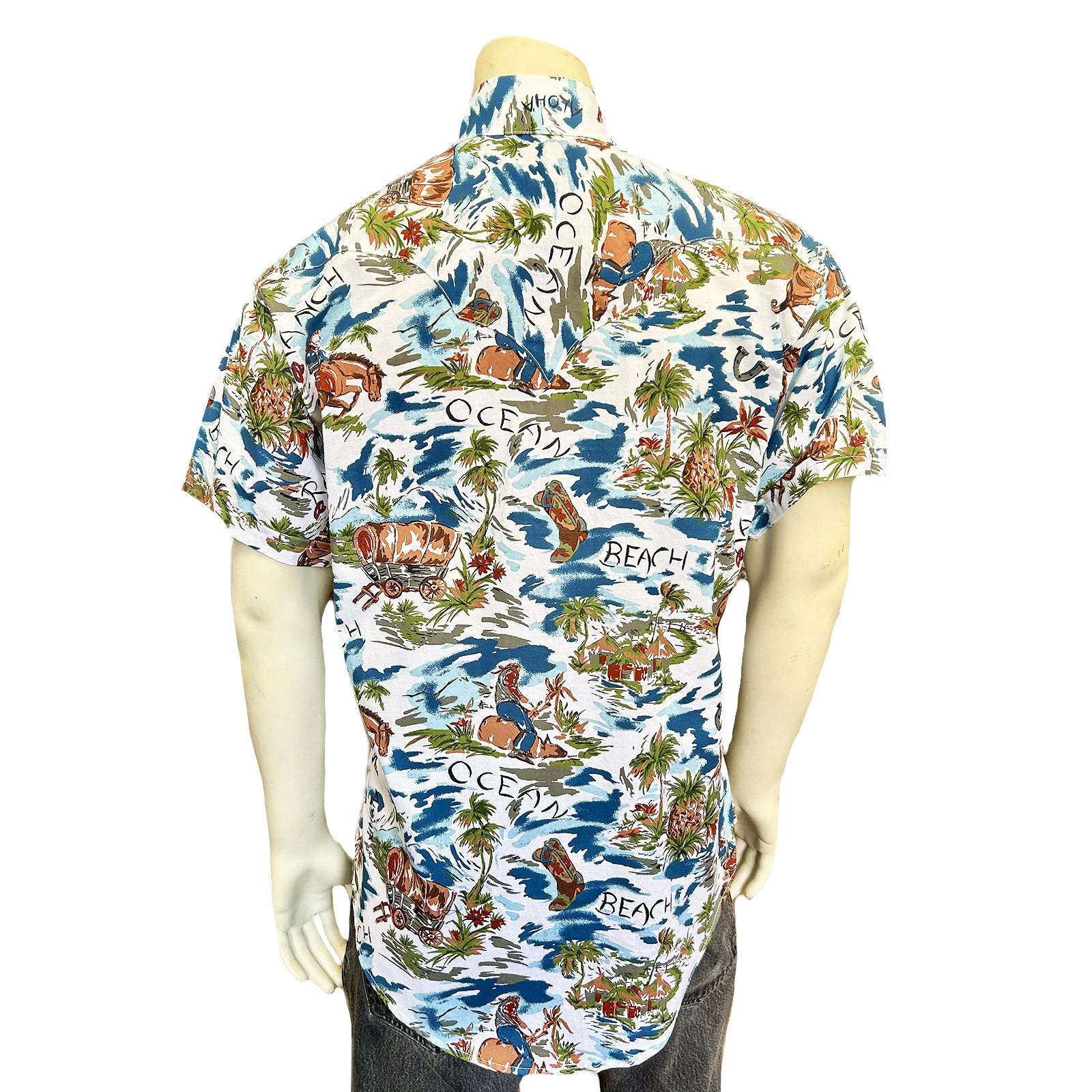 Men’s Blue Western Hawaiian Print Short Sleeve Shirt-MesaThread