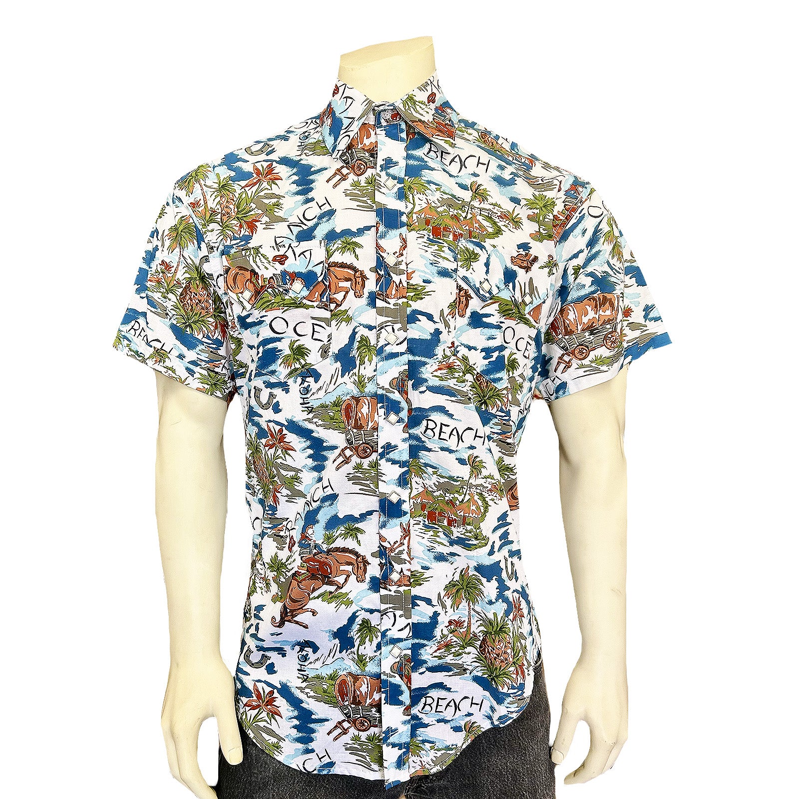 Men’s Blue Western Hawaiian Print Short Sleeve Shirt-MesaThread