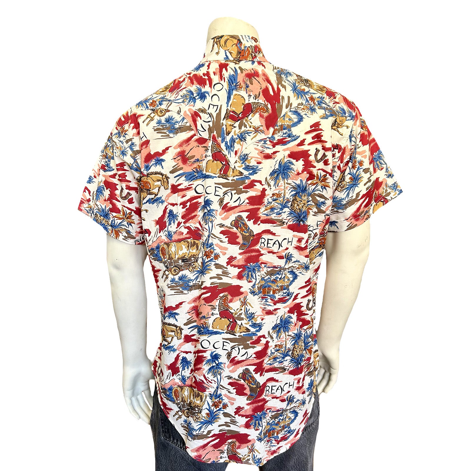 Men’s Red Western Hawaiian Print Short Sleeve Shirt-MesaThread