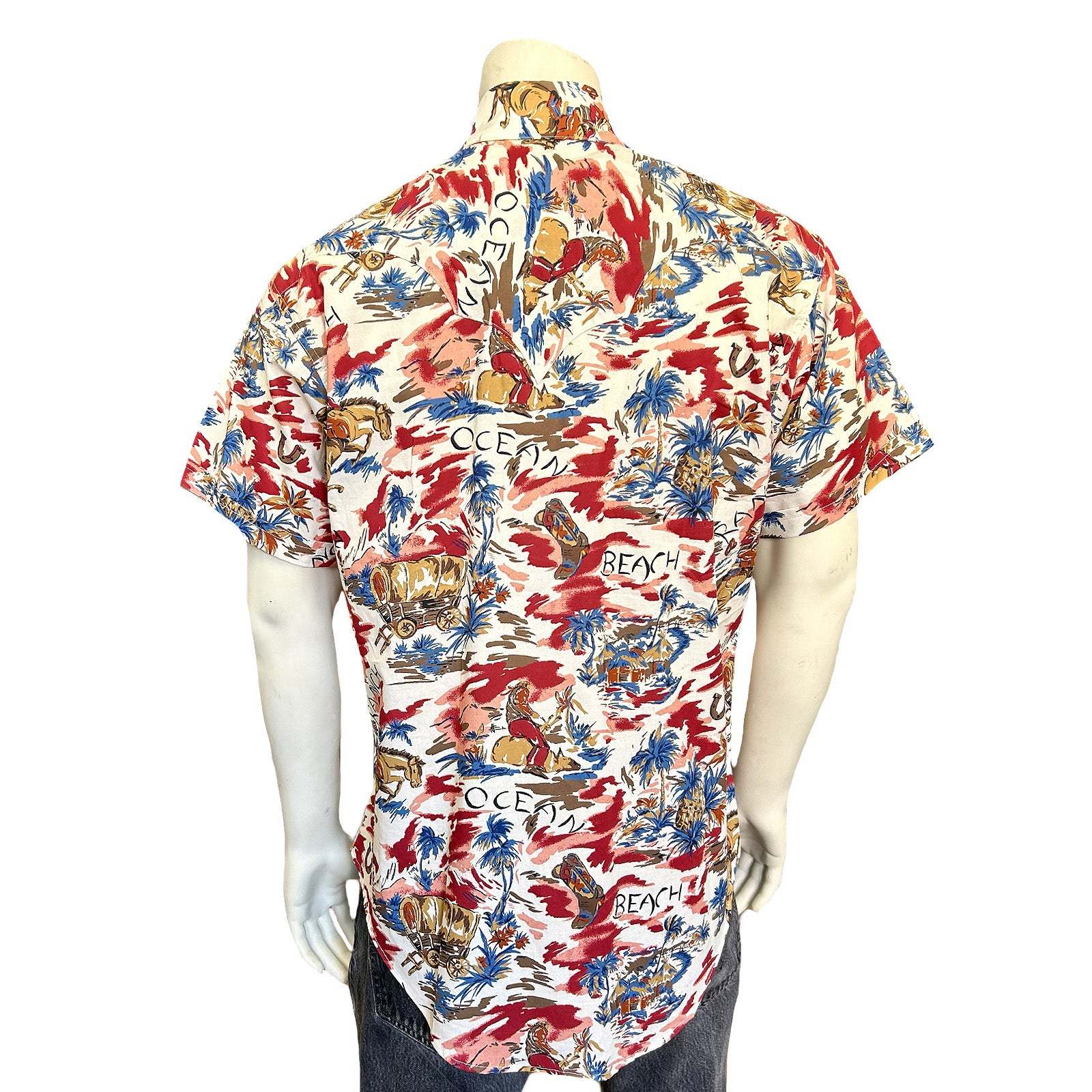 Men’s Red Western Hawaiian Print Short Sleeve Shirt-MesaThread