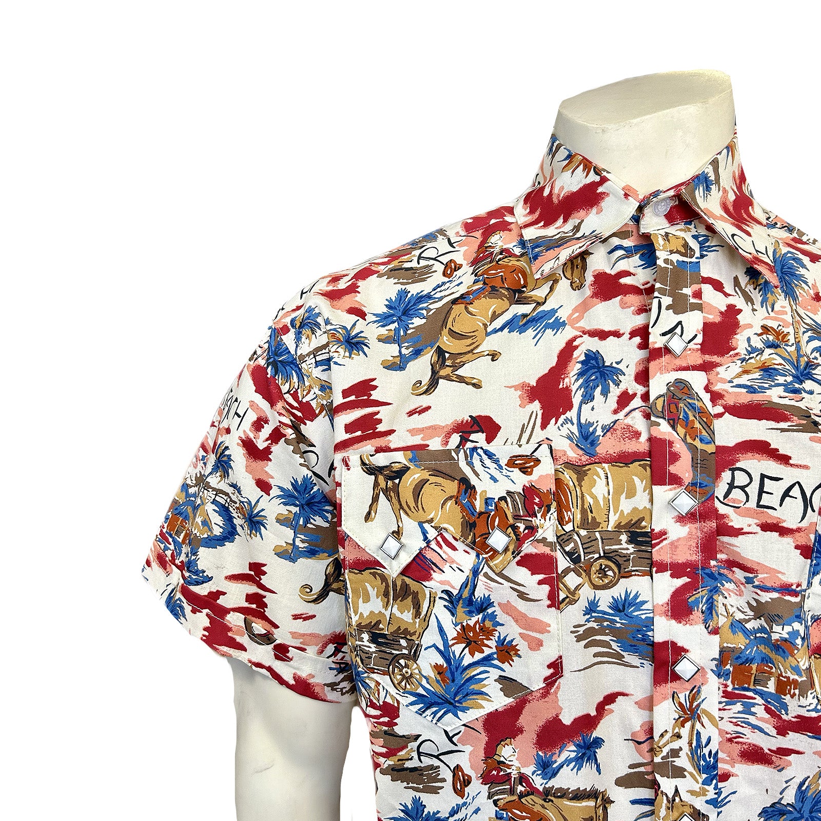 Men’s Red Western Hawaiian Print Short Sleeve Shirt-MesaThread