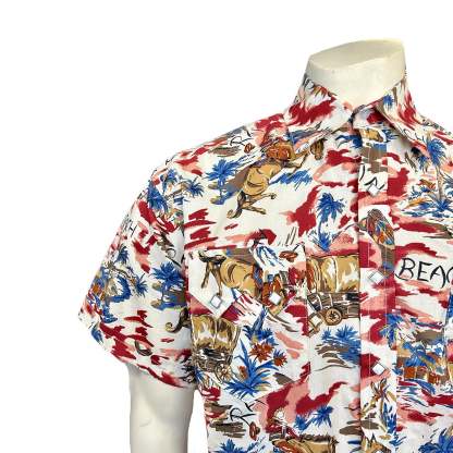 Men’s Red Western Hawaiian Print Short Sleeve Shirt-MesaThread