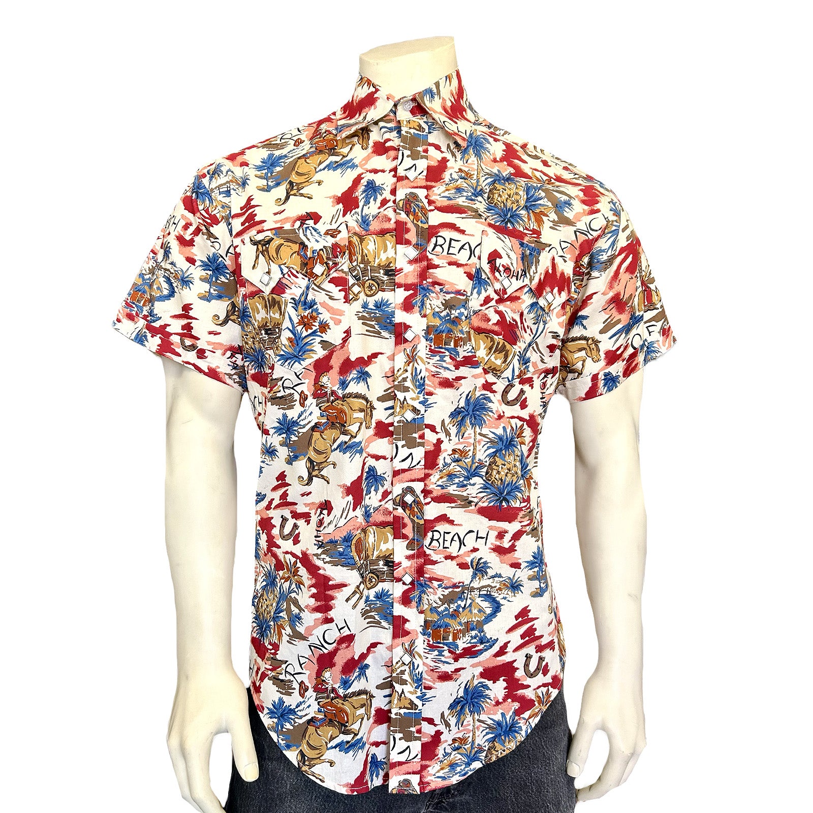 Men’s Red Western Hawaiian Print Short Sleeve Shirt-MesaThread