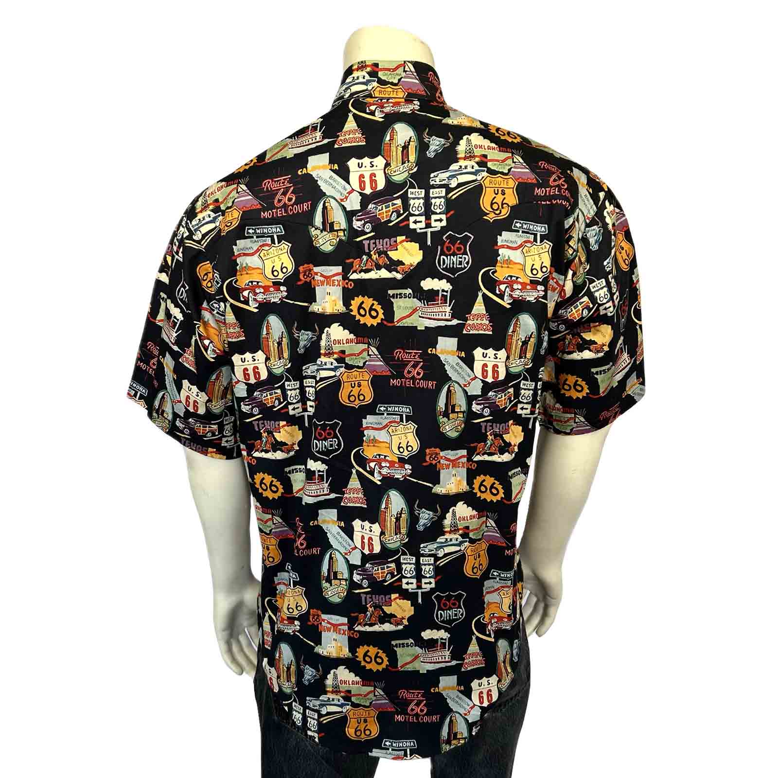 Men’s Route 66 Print Short Sleeve Western Shirt in Black-MesaThread