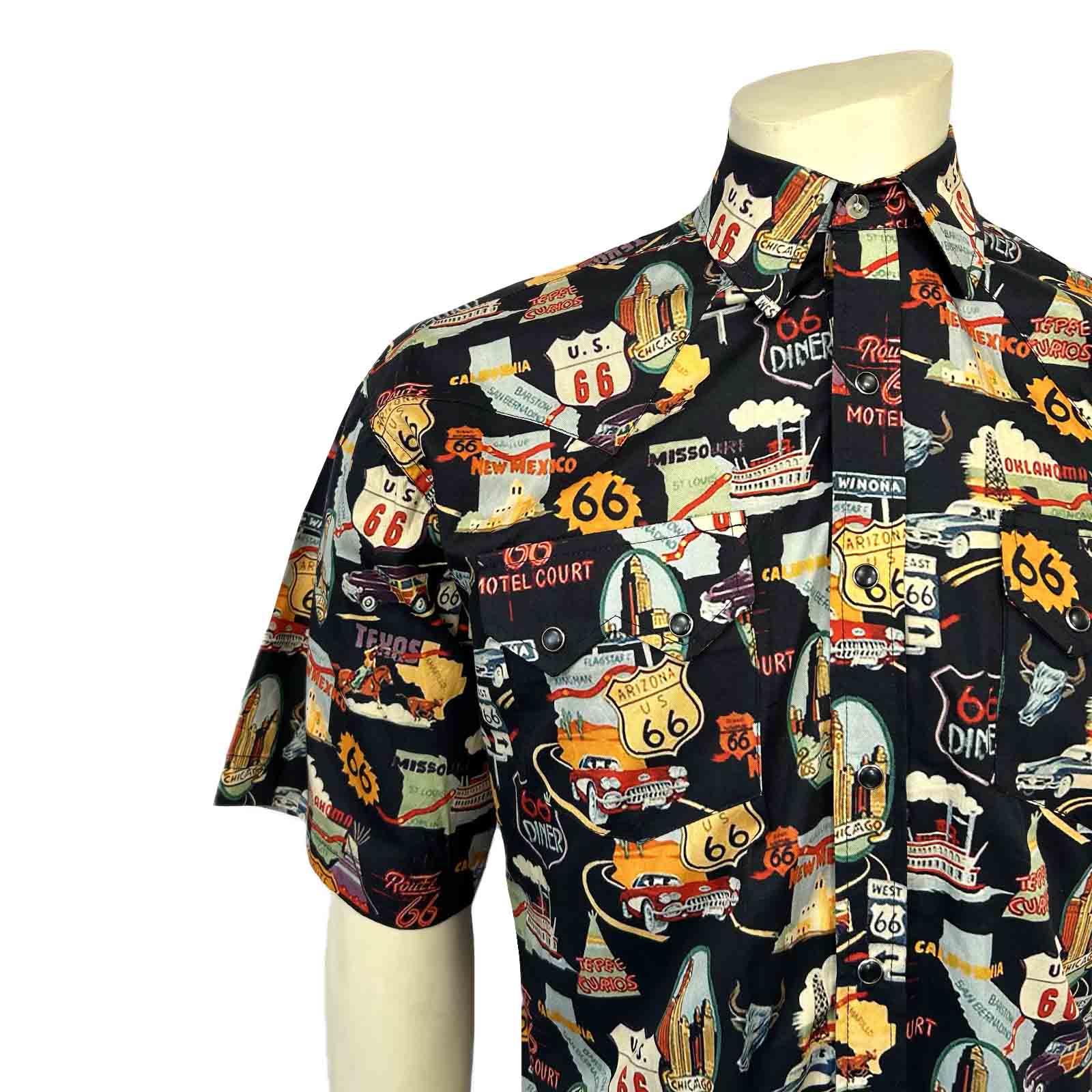 Men’s Route 66 Print Short Sleeve Western Shirt in Black-MesaThread