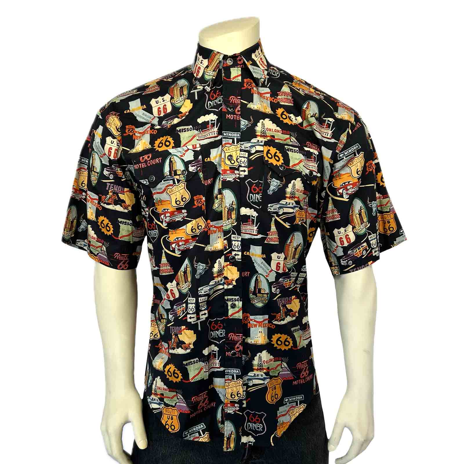 Men’s Route 66 Print Short Sleeve Western Shirt in Black-MesaThread