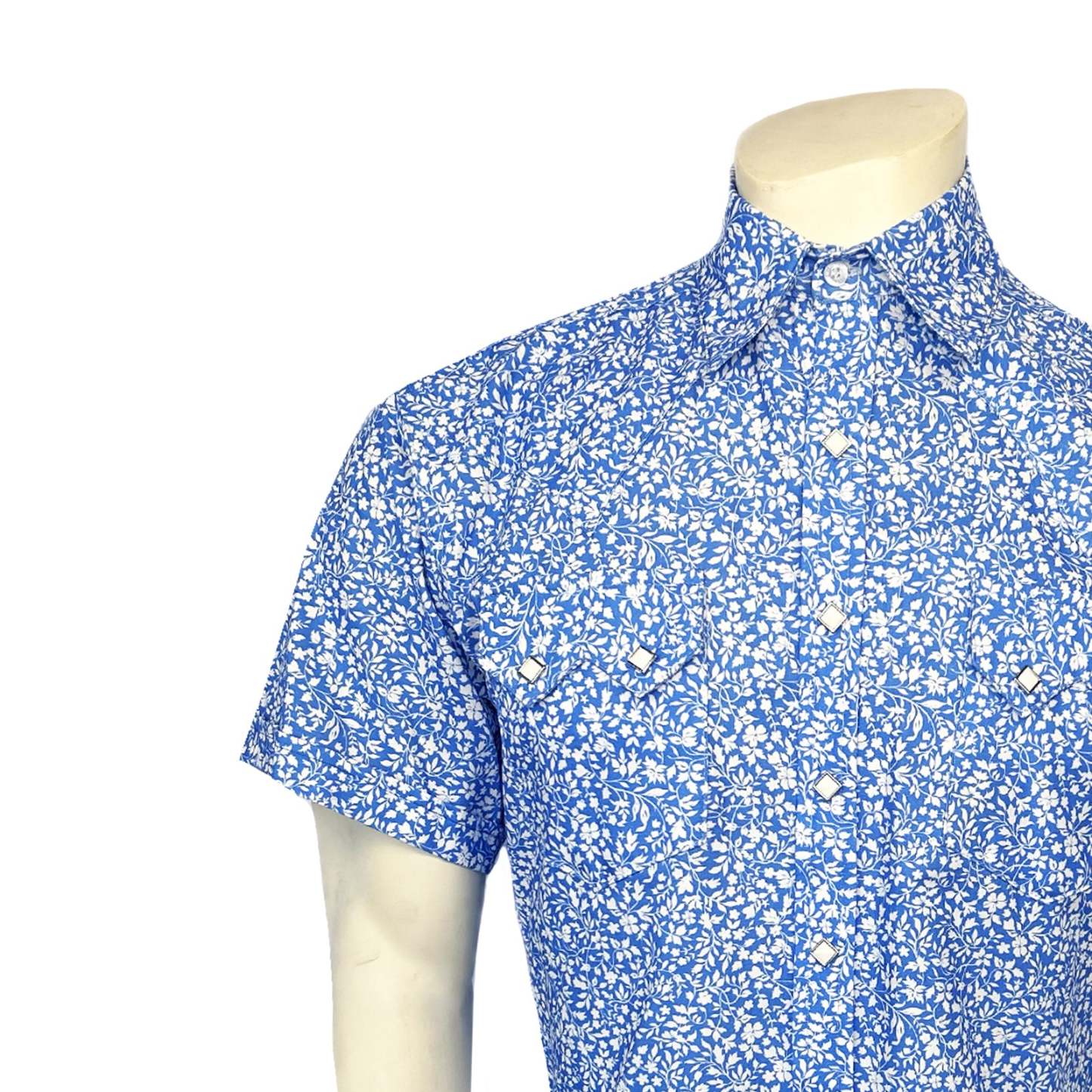 Men’s Short Sleeve Blue Floral Print Western Shirt-MesaThread